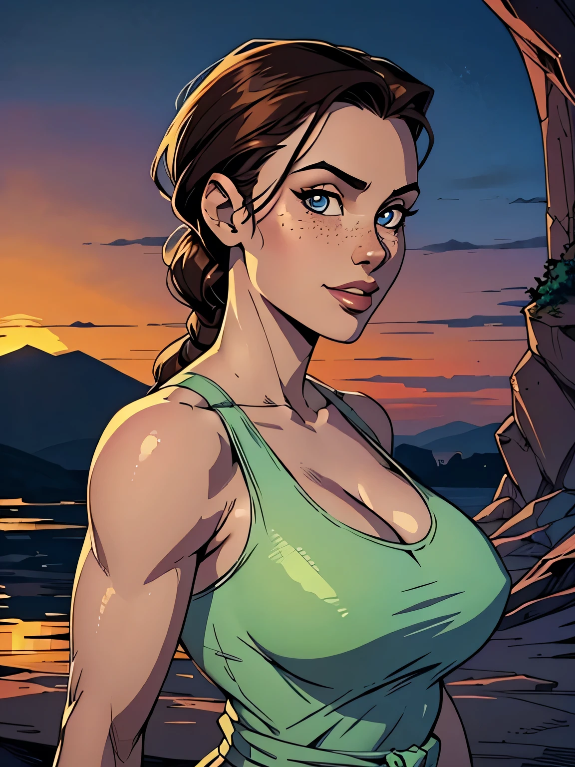 Melhor qualidade, obra de arte, (realista: 1.2) Close up of a thin and athletic woman (Lara Croft), 25 anos, 16k (( high definition )), sorriso suspirante, olhar sedutor ((looking at the viewer)), olhos castanhos, wearing a fitted petrol blue tank top (( decote em V, sem mangas )), cintura fina, usa um cinto marrom, arms at the sides of the body, pele morena, cabelo castanho (( with a braided ponytail )), She is alone in a cave (( upper body, From head to waist , side view 1 .4)), with freckles on the neck and breasts , (( large, round breasts 1.4)), (( Well defined collarbone)). estilo cartoon (( QG )), cave and sunset in the background.