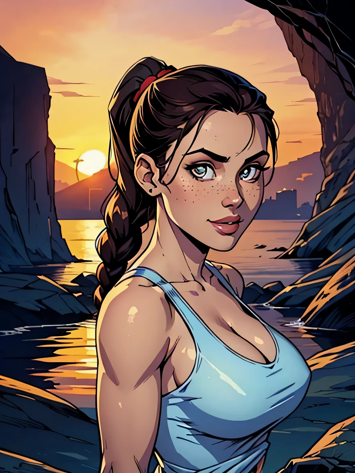 Melhor qualidade, obra de arte, (realista: 1.2) Close up of a thin and athletic woman (Lara Croft), 25 anos, 16k (( high definition )), sorriso suspirante, olhar sedutor ((looking at the viewer)), olhos castanhos, wearing a fitted petrol blue tank top (( decote em V, sem mangas )), cintura fina, usa um cinto marrom, arms at the sides of the body, pele morena, cabelo castanho (( with a braided ponytail )), She is alone in a cave (( upper body, From head to waist , side view 1 .4)), with freckles on the neck and breasts , (( large, round breasts 1.4)), (( Well defined collarbone)). estilo cartoon (( QG )), cave and sunset in the background.