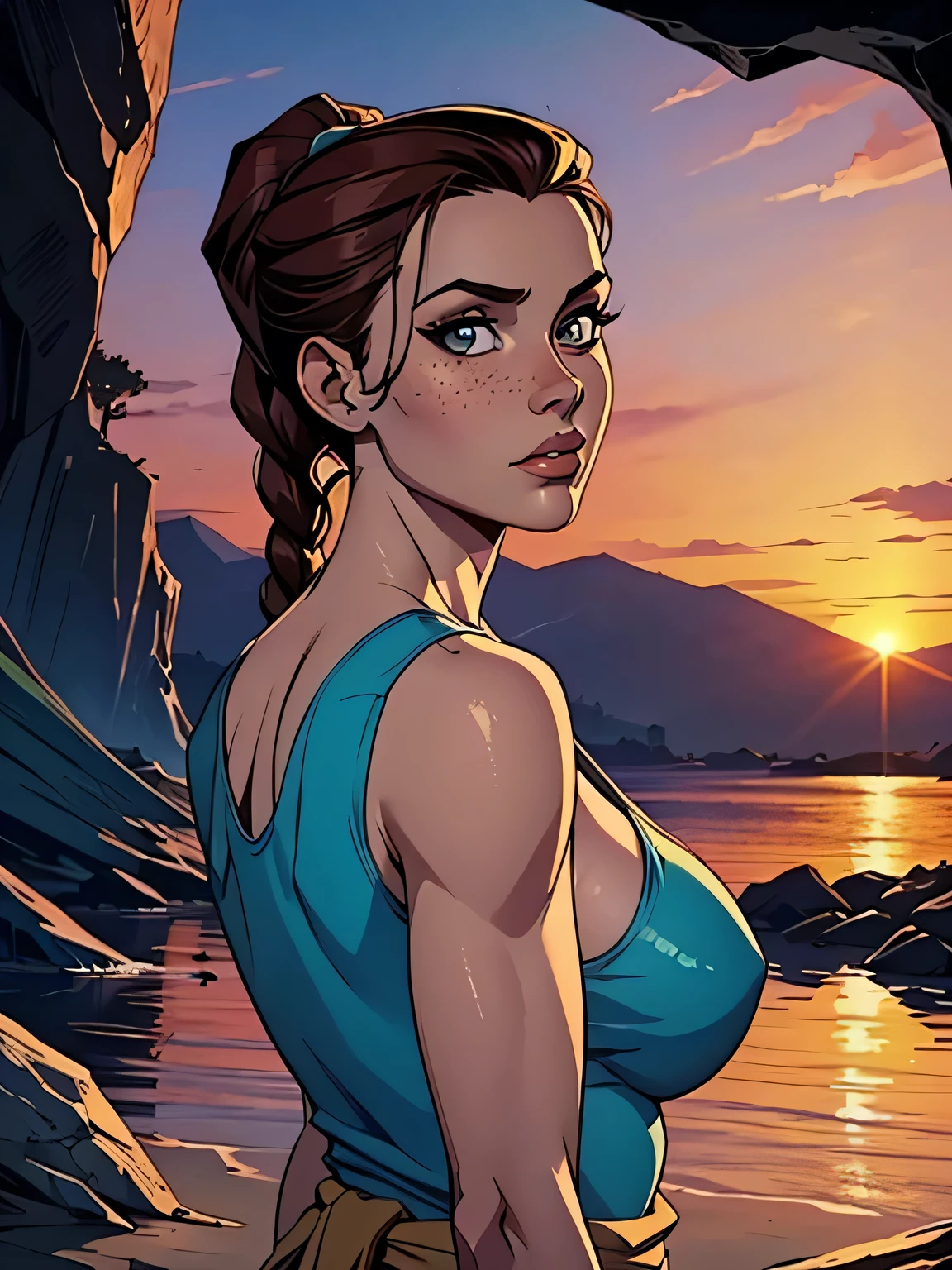Melhor qualidade, obra de arte, (realista: 1.2) Close up of a thin and athletic woman (Lara Croft), 25 anos, 16k (( high definition )), semblante pensativo, olhar sedutor ((looking at the viewer)), olhos castanhos, wearing a fitted petrol blue tank top (( decote em V, sem mangas )), cintura fina, usa um cinto marrom, arms at the sides of the body, pele morena, cabelo castanho (( with a braided ponytail )), She is alone in a cave (( upper body, From head to waist , side view 1 .4)), with freckles on the neck and breasts , (( large, round breasts 1.4)), (( Well defined collarbone)). estilo cartoon (( QG )), cave and sunset in the background.