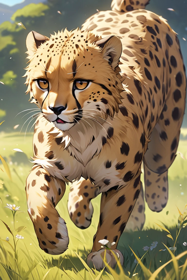 ((Masterpiece)), ((Best Quality)), (Very Detailed), ((Very Detailed)), 4K, (8K), very aesthetic, absurdres highres, 1man, anthropomorphic cheetah, furry, kemono, In a clearing in the forest, a cheetah sprints in the cold early morning light, its front legs outstretched and kicking the ground, its hind legs stepping down with force. The animal's eyes are wide open, its mouth is open, and it is drooling. Its lithe, spotted body is depicted as its muscles move. In the background, grass and trees sway, dust rises, and prey can be seen in the distance.