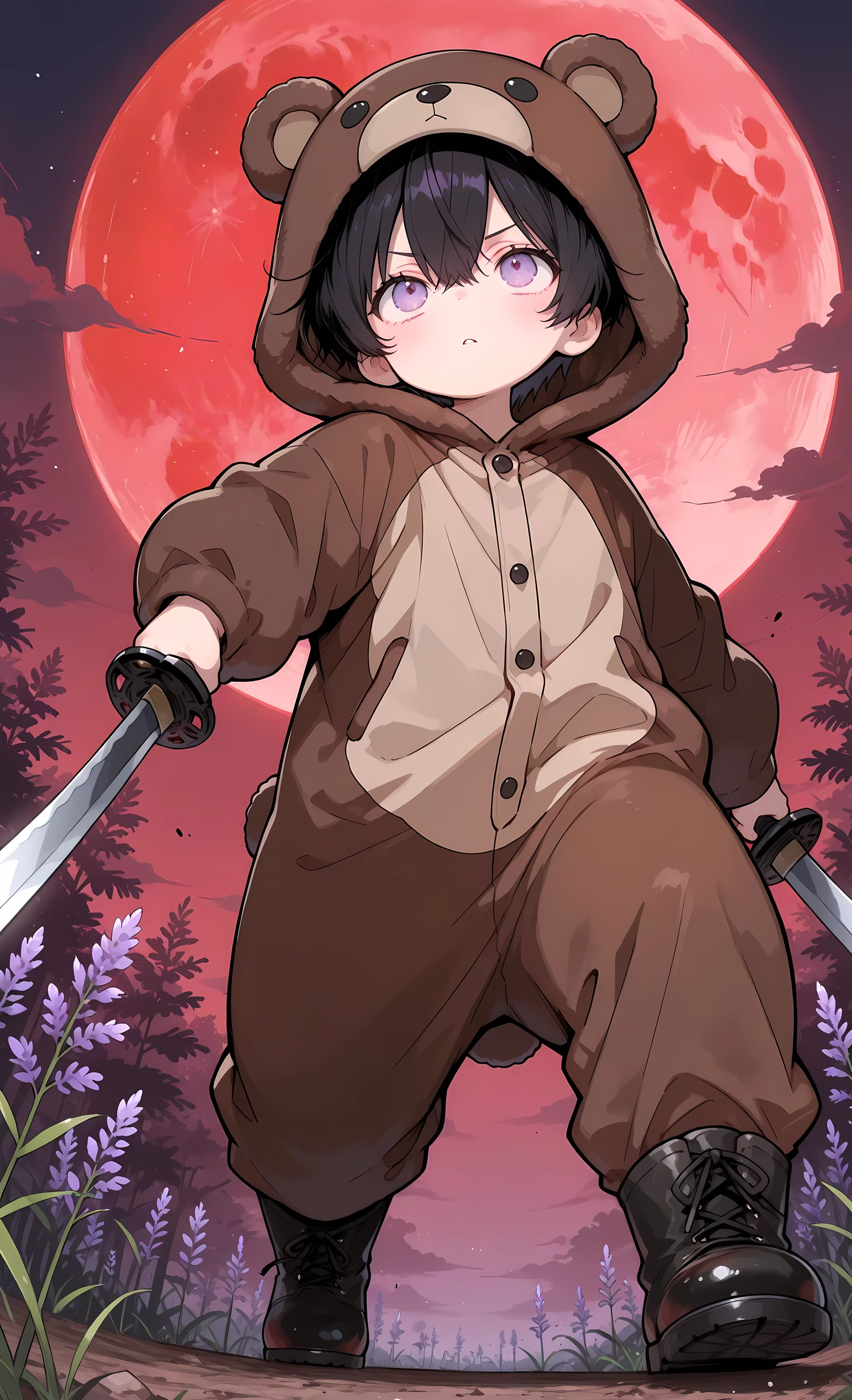 Kuma, masterpiece, best quality, ultra-detailed:1.3, chibi style, male, 1boy, solo, short black hair, lavender eyes, wearing brown bear onesie, bear hood, black boots, holding sword in combat stance, looking up at giant ant, threatening atmosphere, red moon in background, low angle shot from below and side, sword blade in foreground, intense expression