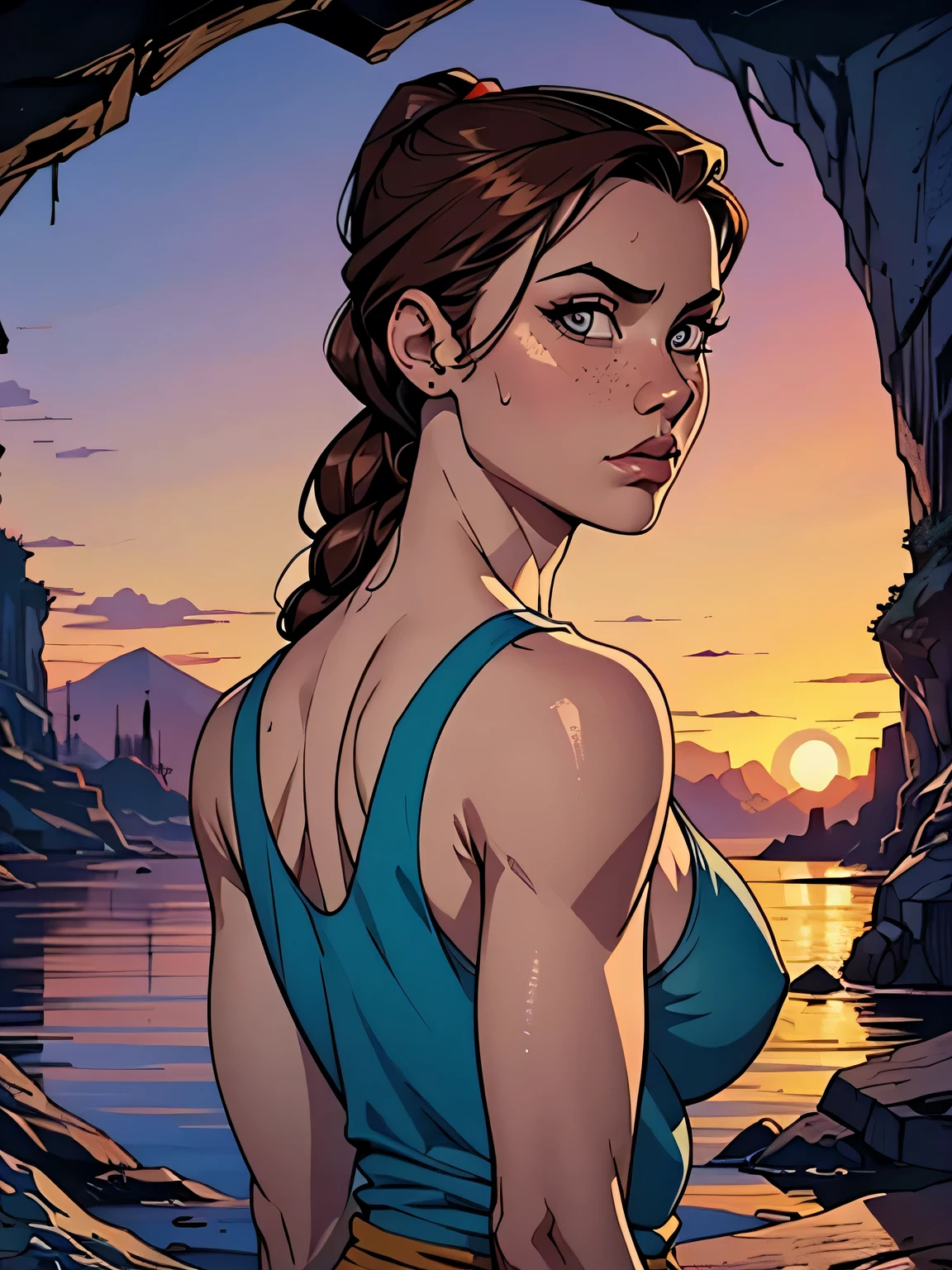Melhor qualidade, obra de arte, (realista: 1.2) Close up of a thin and athletic woman (Lara Croft), 25 anos, 16k (( high definition )), looking serious, olhar sedutor ((looking at the viewer)), olhos castanhos, wearing a fitted petrol blue tank top (( decote em V, sem mangas )), cintura fina, usa um cinto marrom, arms at the sides of the body, pele morena, cabelo castanho (( with a braided ponytail )), She is alone in a cave (( upper body, From head to waist , side view 1 .4)), with freckles on the neck and breasts , (( big round sweaty breasts 1.4)), (( Well defined collarbone)). estilo cartoon (( QG )), cave and sunset in the background.