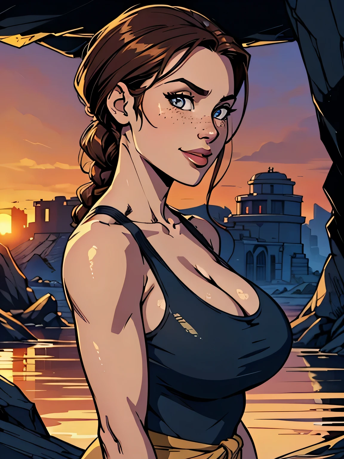 Melhor qualidade, obra de arte, (realista: 1.2) Close up of a thin and athletic woman (Lara Croft), 25 anos, 16k (( high definition )), sorriso suspirante, olhar sedutor ((looking at the viewer)), olhos castanhos, wearing a fitted petrol blue tank top (( decote em V, sem mangas )), cintura fina, usa um cinto marrom, arms at the sides of the body, pele morena, cabelo castanho (( with a braided ponytail )), She is alone in a cave (( upper body, From head to waist , side view 1 .4)), with freckles on the neck and breasts , (( large, round breasts 1.4)), (( Well defined collarbone)). estilo cartoon (( QG )), cave and sunset in the background.
