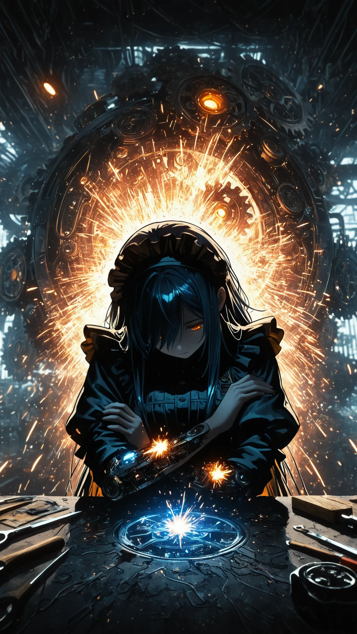 (masterpiece:1.2, Best Quality), C7b3rp0nkStyle, ((very long bangs, hidden face, face hidden by hair)), head tilt, looking up, beautiful face, long sidelocks framing face, long swept bangs, dark blue hair, messy hair, braid, orange eyes, glowing eyes, ((holding tools, sparks)) ((repairing own arm, looking down, placing tool against arm)), futuristic, factory, delicate mechanical features, exposed circuitry, damaged gears scattered, expressionless, intricate steampunk details, maid outfit, frilly headdress, mechanical parts clockwork scattered ground, watercolor and ink, rough texture, sketchy outlines, organic lines, hatching and cross-hatching, paper texture, analog art style with visible brush strokes and line work.