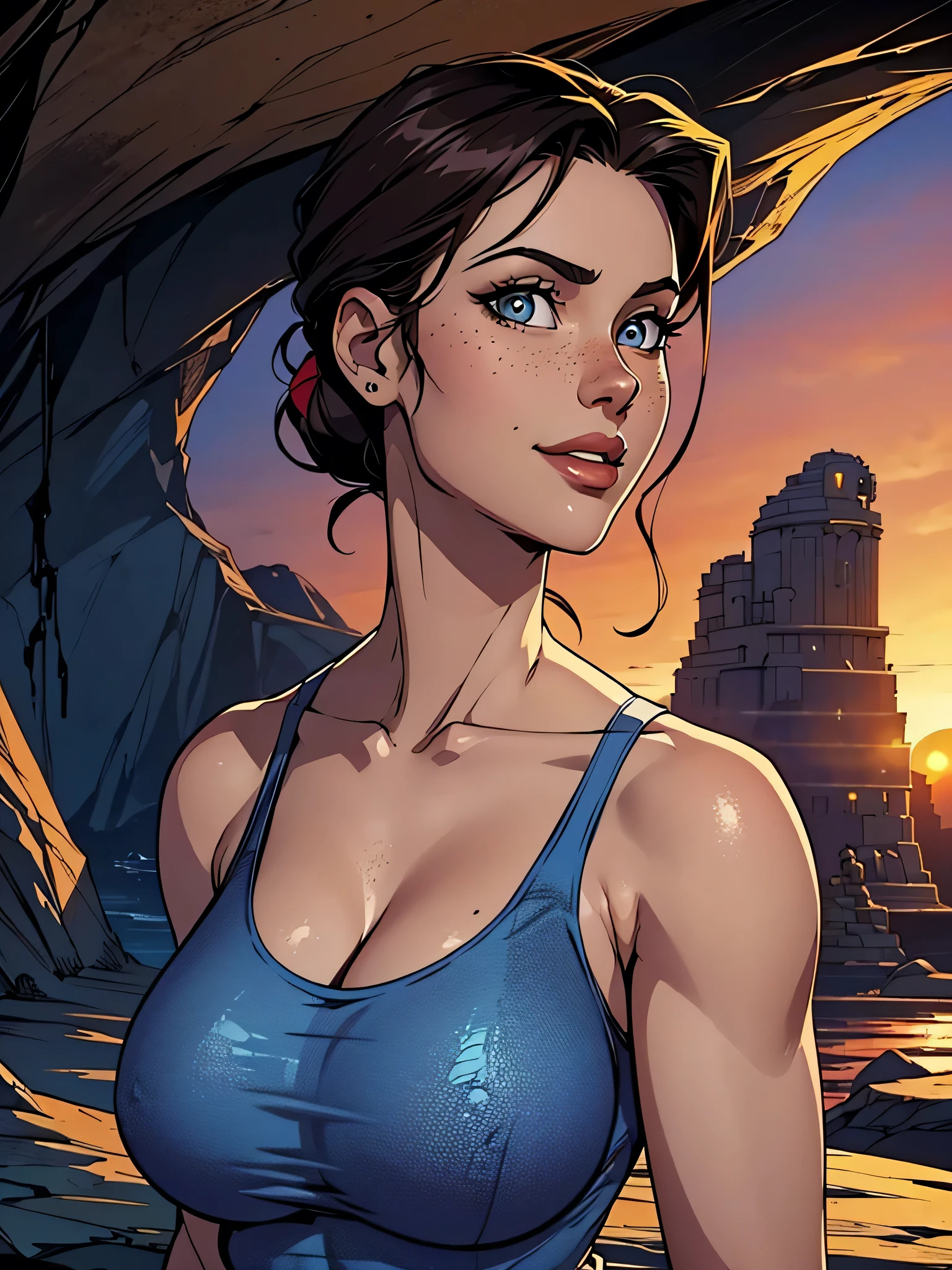Melhor qualidade, obra de arte, (realista: 1.2) Close up of a thin and athletic woman (Lara Croft), 25 anos, 16k (( high definition )), sorriso suspirante, olhar sedutor ((looking at the viewer)), olhos castanhos, wearing a fitted petrol blue tank top (( decote em V, sem mangas )), cintura fina, usa um cinto marrom, arms at the sides of the body, pele morena, cabelo castanho (( with a braided ponytail )), She's alone in a cave (( upper body, From head to waist , side view 1 .4)), with freckles on the neck and breasts , (( large, round breasts 1.4)), (( Well defined collarbone)). estilo cartoon (( QG )), cave and sunset in the background.