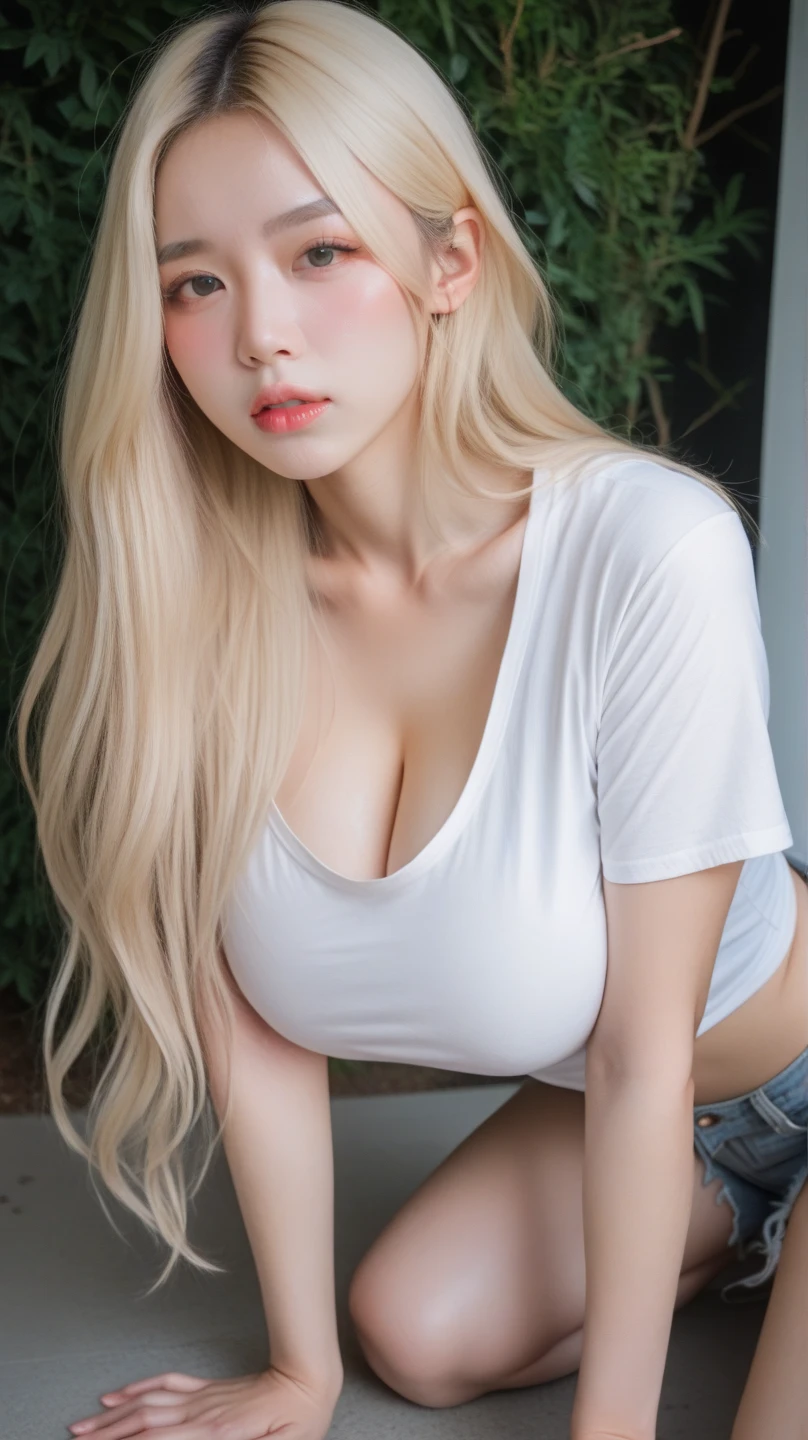 (Masterpiece, realistic, high resolution), (1 girl): 1.2),sitting on big rock at mountain valley,big rock at background, (( long white hair): 1.3), (heterochromic eyes: 1.1, thick eyebrows, small moles under the eyes), (loose white shirt, red sports shorts), ((): 1.2, thighs),cleavage,