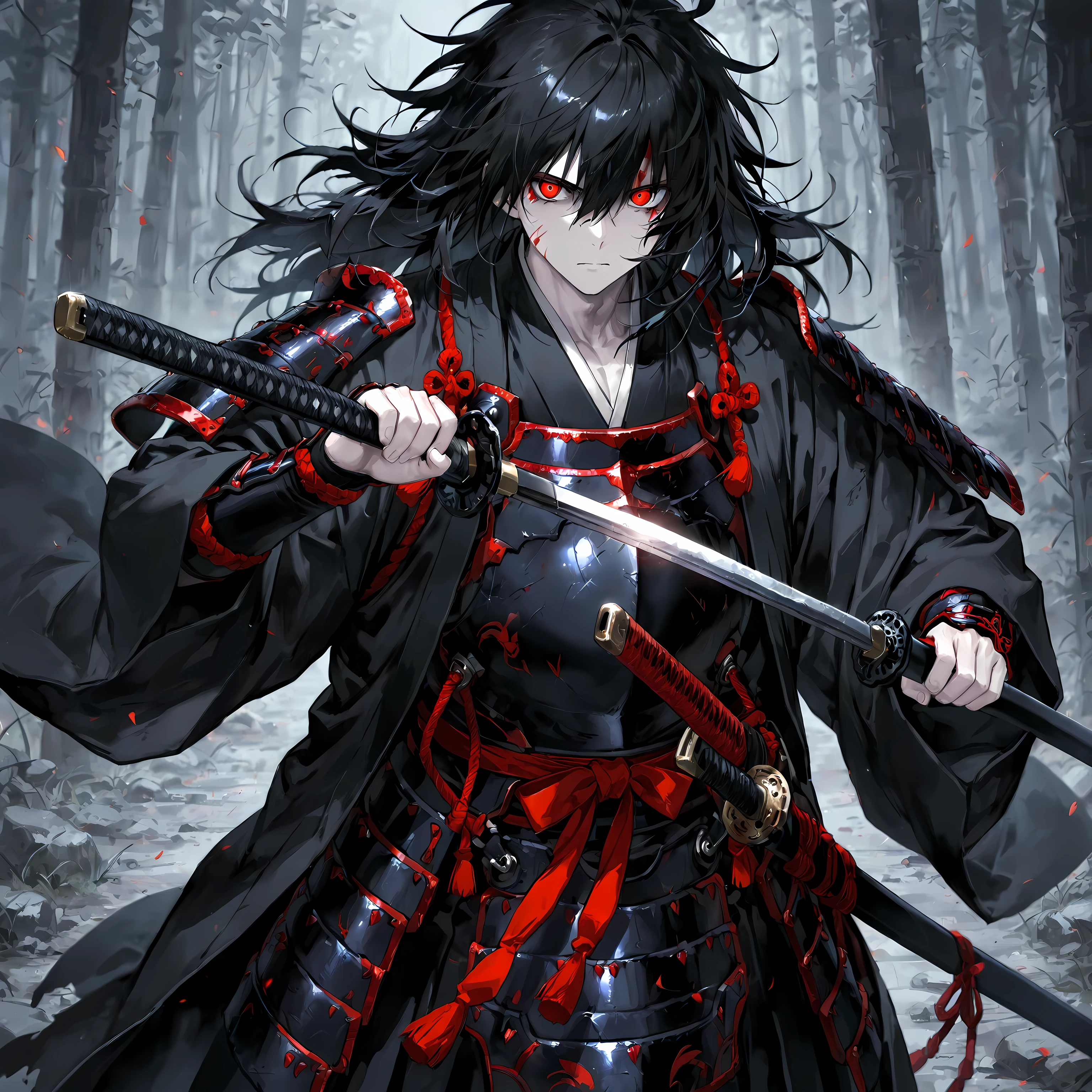 masterpiece, best quality, simple, 1male, 18 Years Old, male focus, pale skin, short black hair, messy hair, crimson eyes, dark samurai armor, black haori, holding katana, standing in mist, looking forward