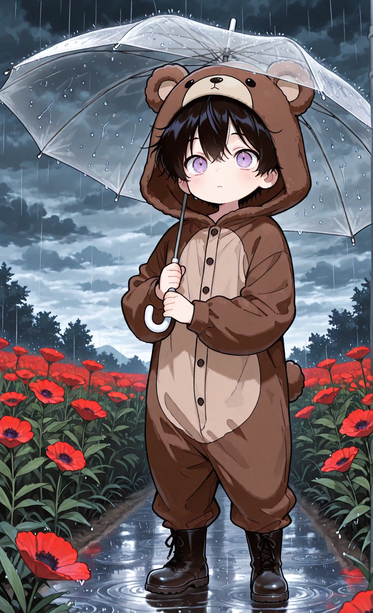 Kuma, masterpiece, best quality, ultra-detailed:1.3, chibi style, male, 1boy, solo, short black hair, lavender eyes, wearing brown bear onesie, bear hood, black boots, standing in red poppy field, holding transparent umbrella, raining, dark stormy clouds, facing viewer, intense expression, red flowers surrounding him