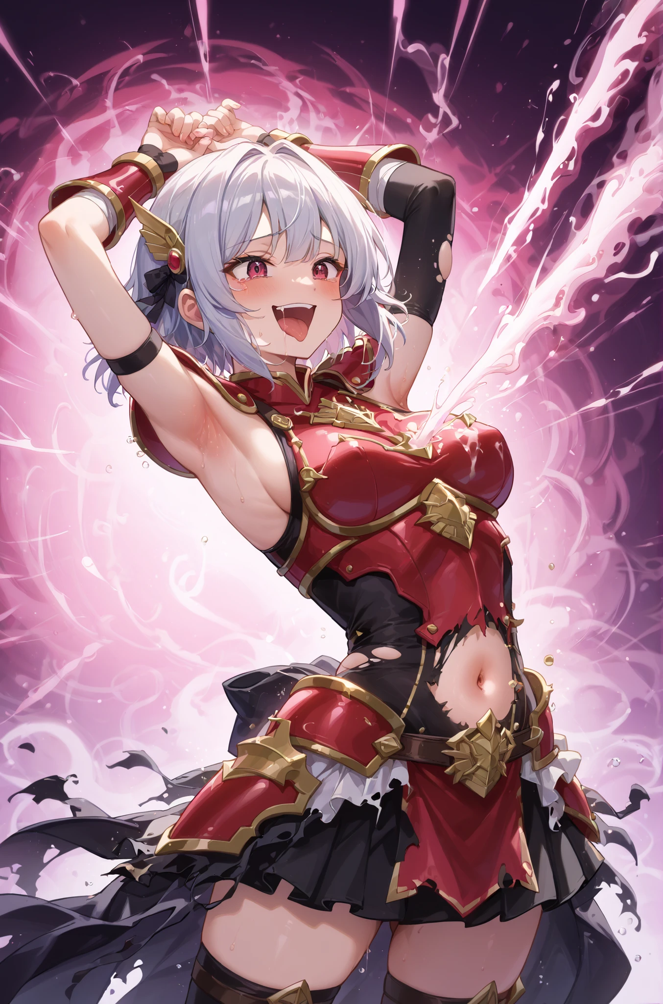 at a low angle、 in detail、Highest Quality、dynamically、Girl with short silver hair、Make the girl's hand shape perfect、Five fingers、The bangs are divided at :Divided into 3 positions、The girl is 25 years old 、dark eyes、Female Knight、Red Armor、Sleeveless、Belly button、broken armor,the clothes are torn、Her right nipple is visible 、Clothes have become slime、Gold Ornament、Cool appearance、Rin々A good appearance、The girl is laughing and is in agony、laughing with your mouth wide open、the girl is climax、Ahe face、arched back,defeat、armpits visible、Wearing pink energy、Magic is exploding in girls、Magical pink beam from the girl's front、the pink beam hits the girl's stomach、the beam hits the side、The beam hits the chest、Magical Restraint、pink openai beam、ACMEBEAM、tickling beam、ticklish、tickling armpits,beam tickling