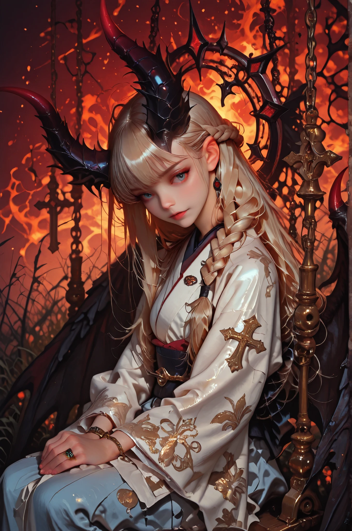 Surrealist oil painting, top three-quarter view: a mysterious She-Devil with elegant black and crimson horns and large, outstretched black wings — one torn and bandaged — sits gracefully on a Victorian-style wooden swing in a dreamlike playground surrounded by infernal flames. Her appearance evokes both divinity and temptation.
She has long blonde hair braided like a Viking princess, adorned with small gold rings interwoven in her hair. Her garments merge the sacred aesthetics of the Virgin Mary with the refinement of a Japanese kimono: flowing blue and white fabrics layered with golden embroidery and wide silk sleeves that ripple in the warm wind. A radiant halo glows faintly behind her head, contrasting with the surrounding darkness. Her pose is elegant and subtly alluring — confident yet serene — expressing both grace and quiet power.
Around her, five small red imps — mischievous cherub-like devils resembling classic Valentine cupids but with tiny horns, pointed tails, and delicate bat-like wings — play joyfully on the grass. One holds a small crucifix of Christ; others laugh, chase, and tumble in impish harmony, radiating both innocence and mischief.
The landscape burns with surreal light — crimson skies, molten shapes of hidden demons, and waves of color resembling living fire. Above, Saturn and its rings shimmer in the violet haze, giving the entire composition a cosmic dreamlike quality.
Oil painting style inspired by Luis Royo and George Hughes, cinematic 3/4 composition, soft chiaroscuro, intricate brushwork, detailed , ethereal atmosphere, surreal symbolism, high detail, masterpiece realism, trending on ArtStation.