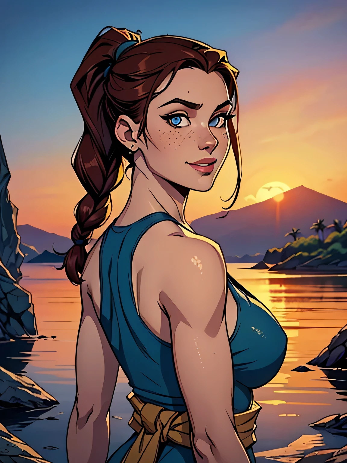 Melhor qualidade, obra de arte, (realista: 1.2) Close up of a thin and athletic woman (Lara Croft), 25 anos, 16k (( high definition )), sorriso suspirante, olhar sedutor ((looking at the viewer)), olhos castanhos, wearing a fitted petrol blue tank top (( decote em V, sem mangas )), cintura fina, usa um cinto marrom, arms at the sides of the body, pele morena, cabelo castanho (( with a braided ponytail )), She's alone in a cave (( upper body, From head to waist , side view 1 .4)), with freckles on the neck and breasts , (( large, round breasts 1.4)), (( Well defined collarbone)). estilo cartoon (( QG )), cave and sunset in the background.