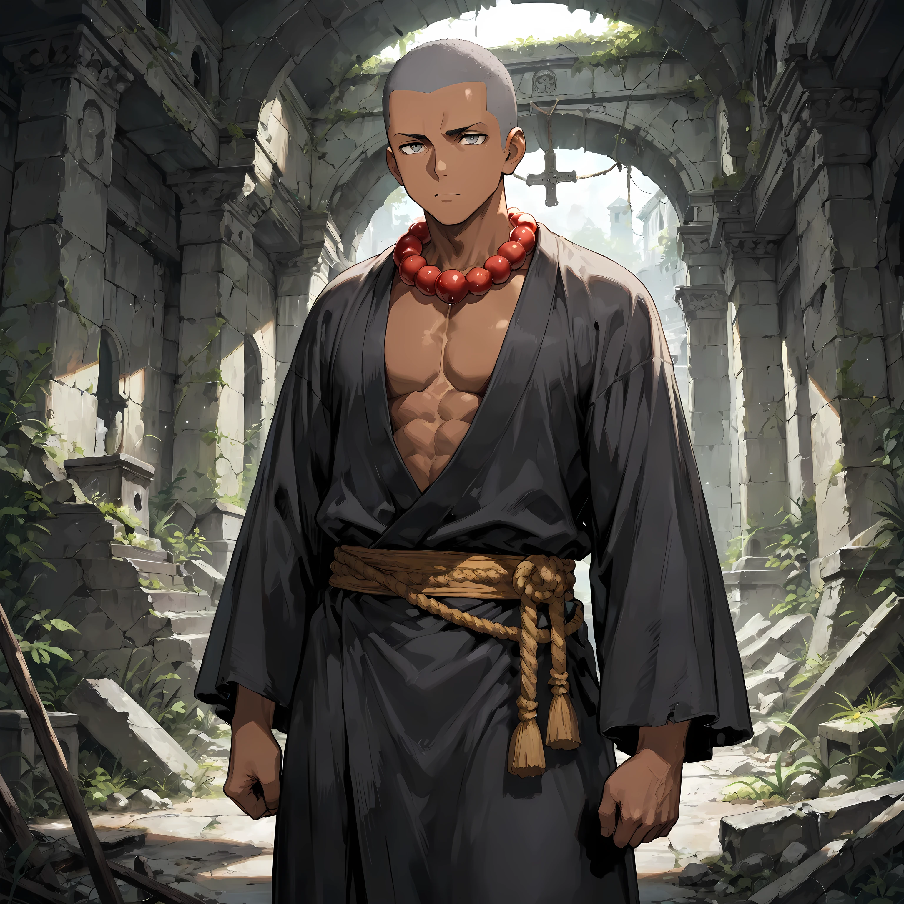 masterpiece, best quality, simple, 1male, 18 Years Old, male focus, tanned skin, shaved head, gray eyes, monk robes, prayer beads, standing in ruins, neutral expression