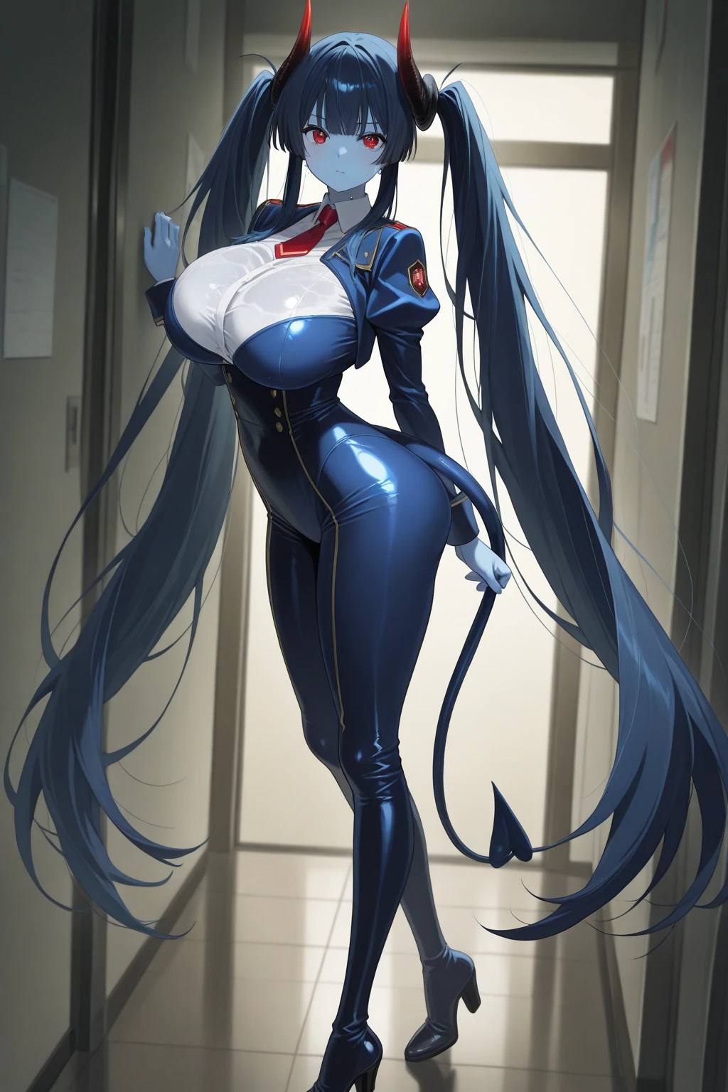 (masterpiece, ultra high resolution, best quality:1.5), full body, solo, 1girl, dollsuit, mind control,, shoes, platform heels, boots, long legs, dynamic pose, wide , thick thighs, , massive , muscular female, defined musculature, akiyama rinko, high heel boots, shiny clothes, , covered , cleavage, cleavage cutout, covered navel,long hair, bangs, ponytail, blue hair, 1girl, full body, masterpiece, best quality, Amazing, beautiful detailed eyes, finely detailed,expressionless, saluting, empty eyes