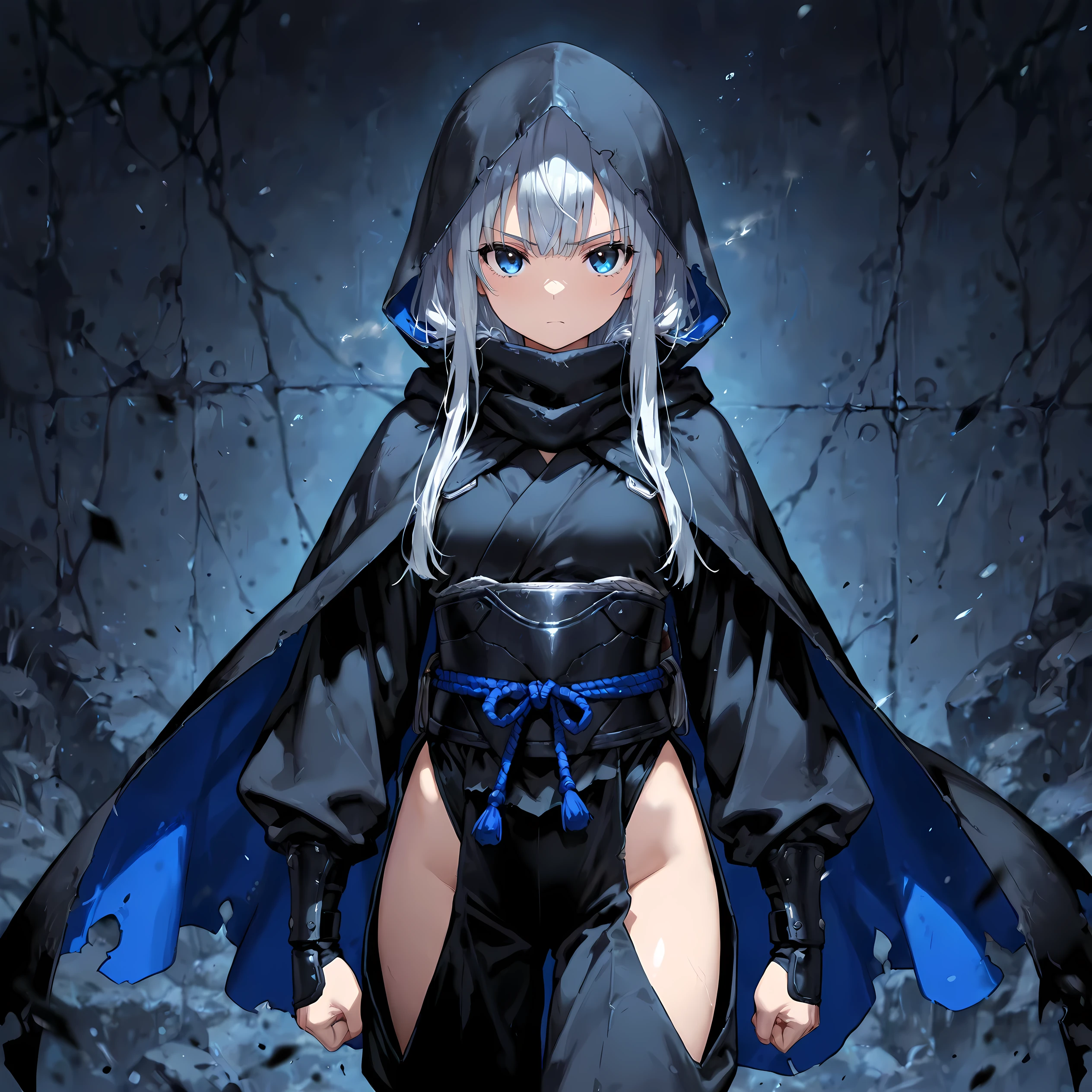 masterpiece, best quality, simple, 1female, young adult, female focus, caramel skin, short silver hair, cold blue eyes, black ninja outfit, tattered cloak, standing in shadows, serious expression