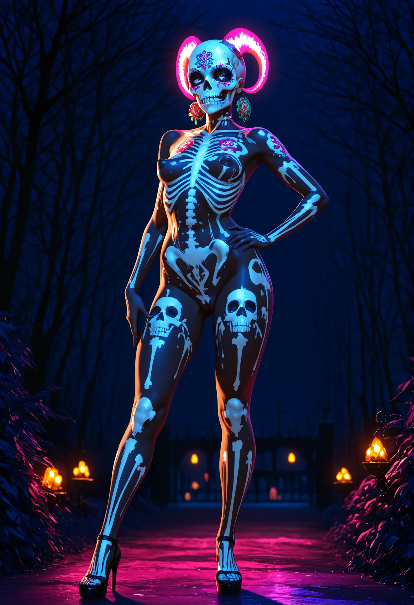 beautiful alluring mexican female , tan skin , skeleton bodypaint , day of the dead bodypaint , mexican sugar skull makeup , mexican themed ornaments , night time , day of the dead theme , Ominous Gothic Theme  , Digital Art , Extreme Detail , 4k , Ultra Hd , Polished , Beautiful , Hyperdetailed , Intricate , Elaborate , Meticulous , Sharp Focus , , Digital Illustration , Sensual Pose ,  Pose ,  , Full Body Shot , anatomically correct ,  , visible  puffy  , puffy hairy  , small perky  💖❤💕💋❣