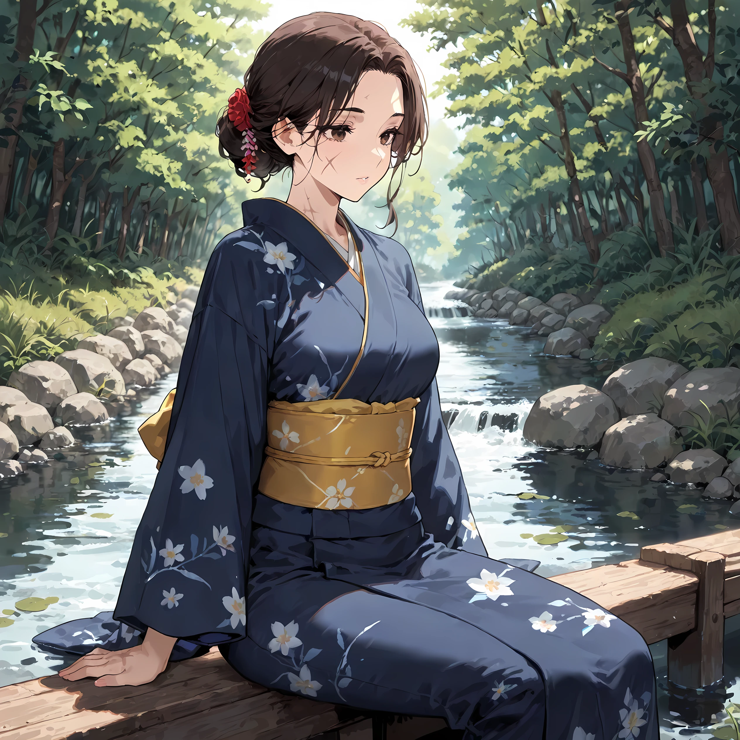 masterpiece, best quality, simple, 1female, adult, female focus, fair skin, straight dark brown hair, scar across cheek, hazel eyes, dark blue kimono, sitting near river, melancholic gaze