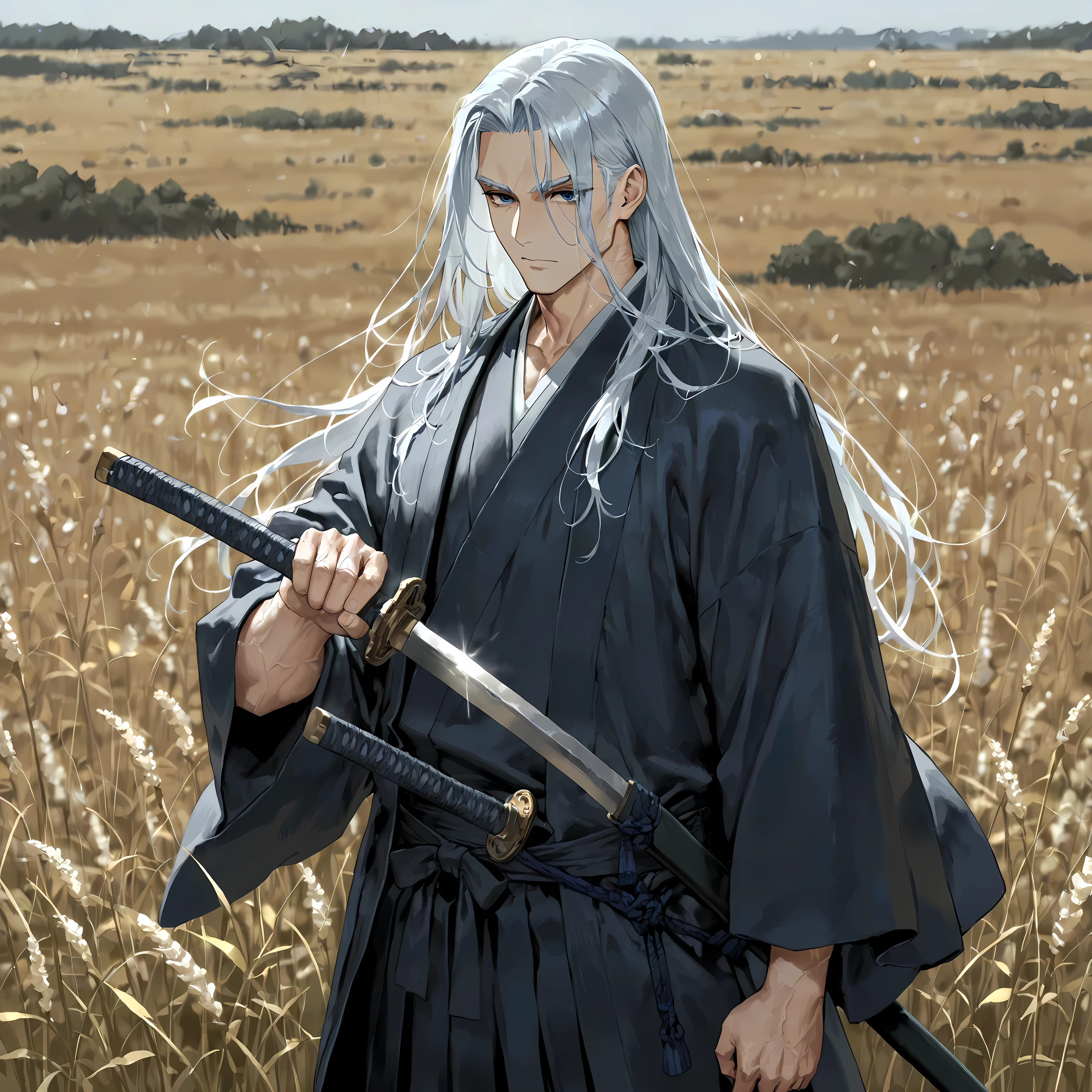 masterpiece, best quality, simple, 1male, adult, male focus, fair skin, long silver hair, dark blue eyes, traditional samurai robe, holding broken sword, moonlit field