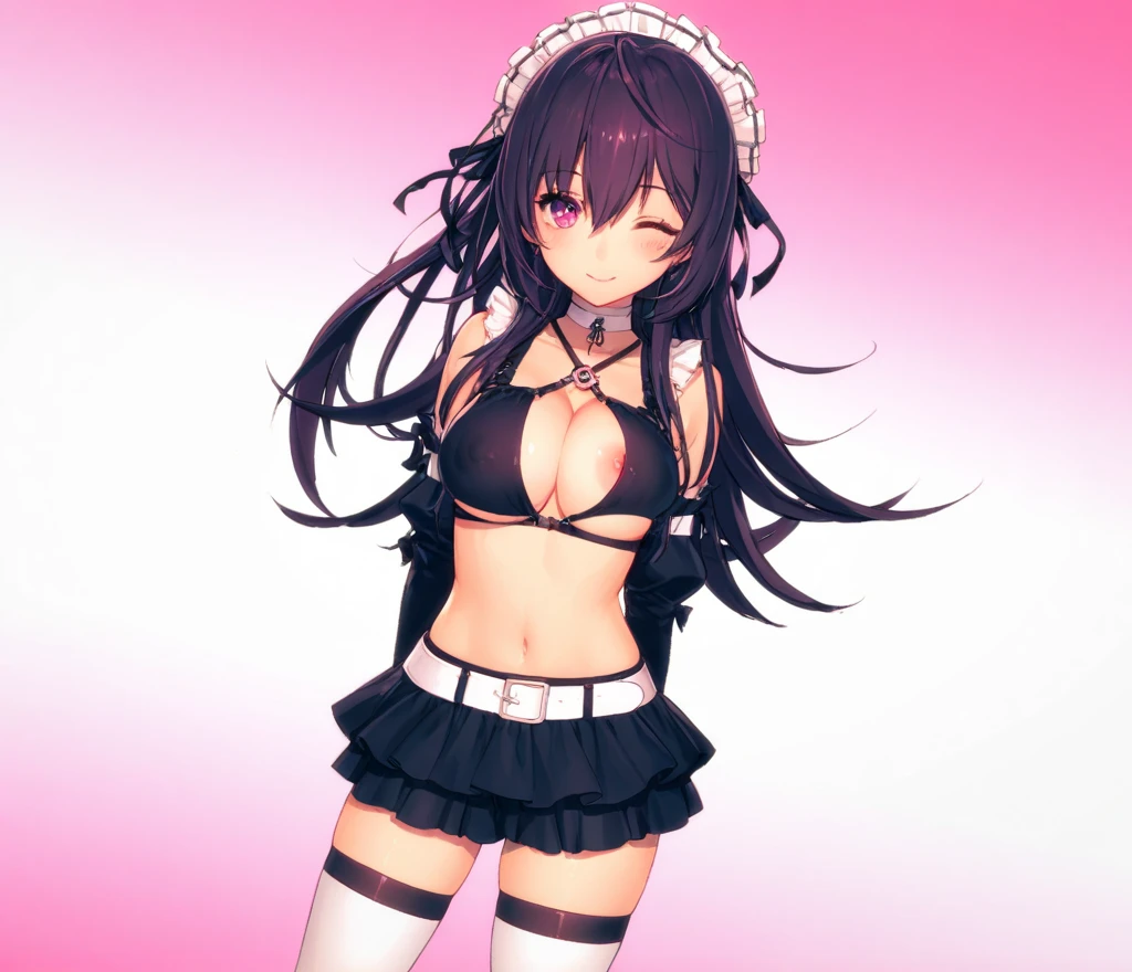 embedding:PonyScores7, 1 character, two-tone hair, fuchsia hair, purple hair, Very long hair, goldenrod eyes, magenta ribbon, maid , maid headdress, thighhighs, black , frills,arm garter,leg garter,wrist cuffs, detached collar,    From below,   (black background), glow, neon,monochrome <lora:Style\Monochrome_Neon_Glow_Style:0.9>