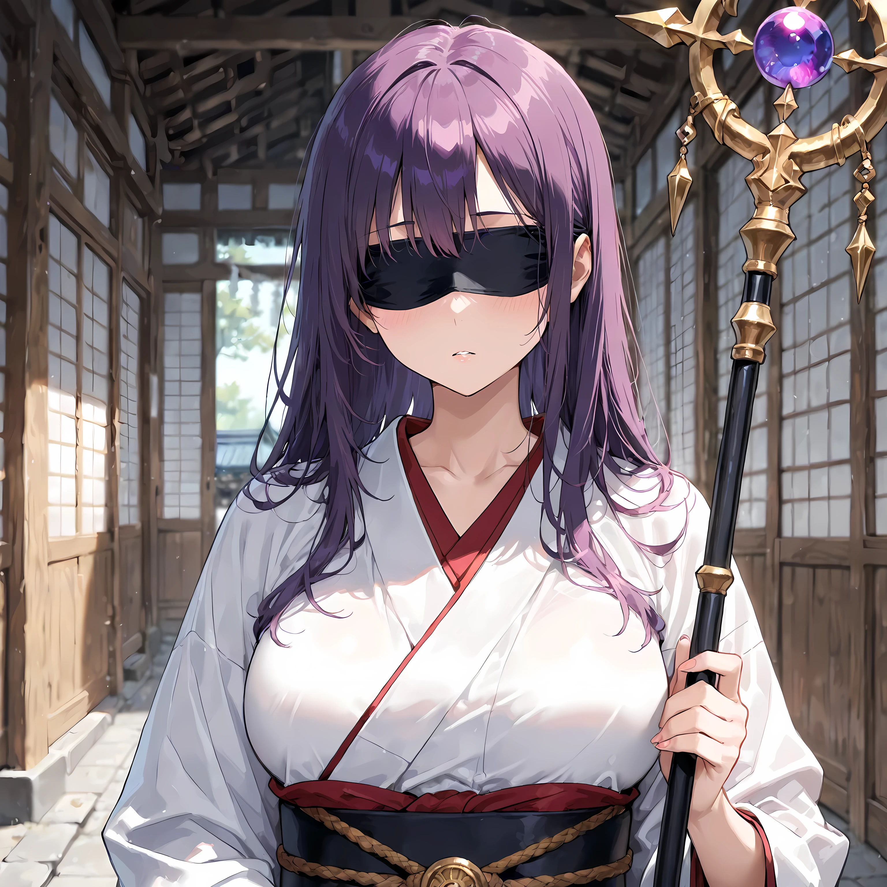 masterpiece, best quality, simple, 1female, adult, female focus, fair skin, shoulder-length purple hair, blindfold, neutral expression, white kimono, holding staff, temple setting
