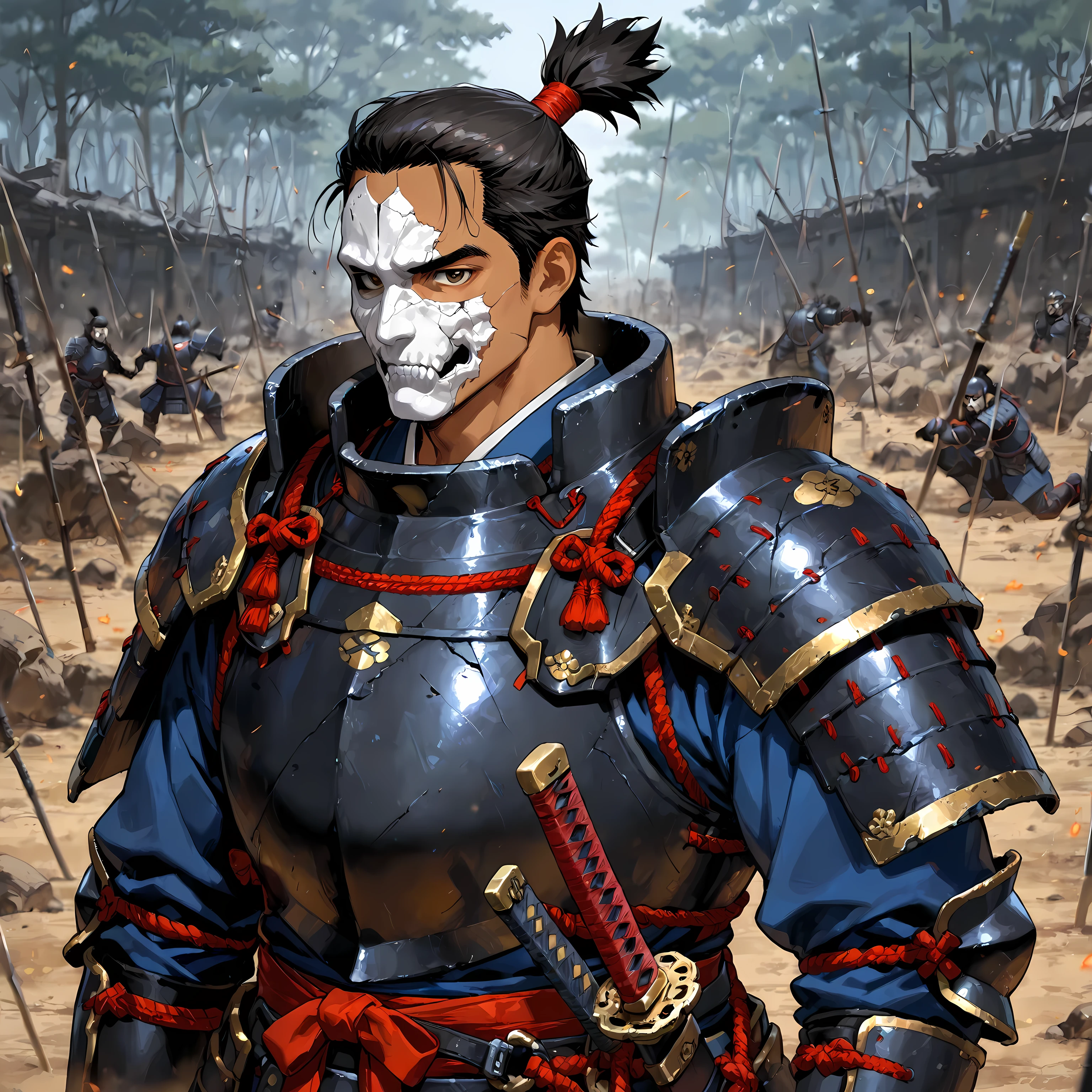 masterpiece, best quality, simple, 1male, adult, male focus, tan skin, black hair topknot, stern brown eyes, samurai armor, cracked mask on belt, battlefield background