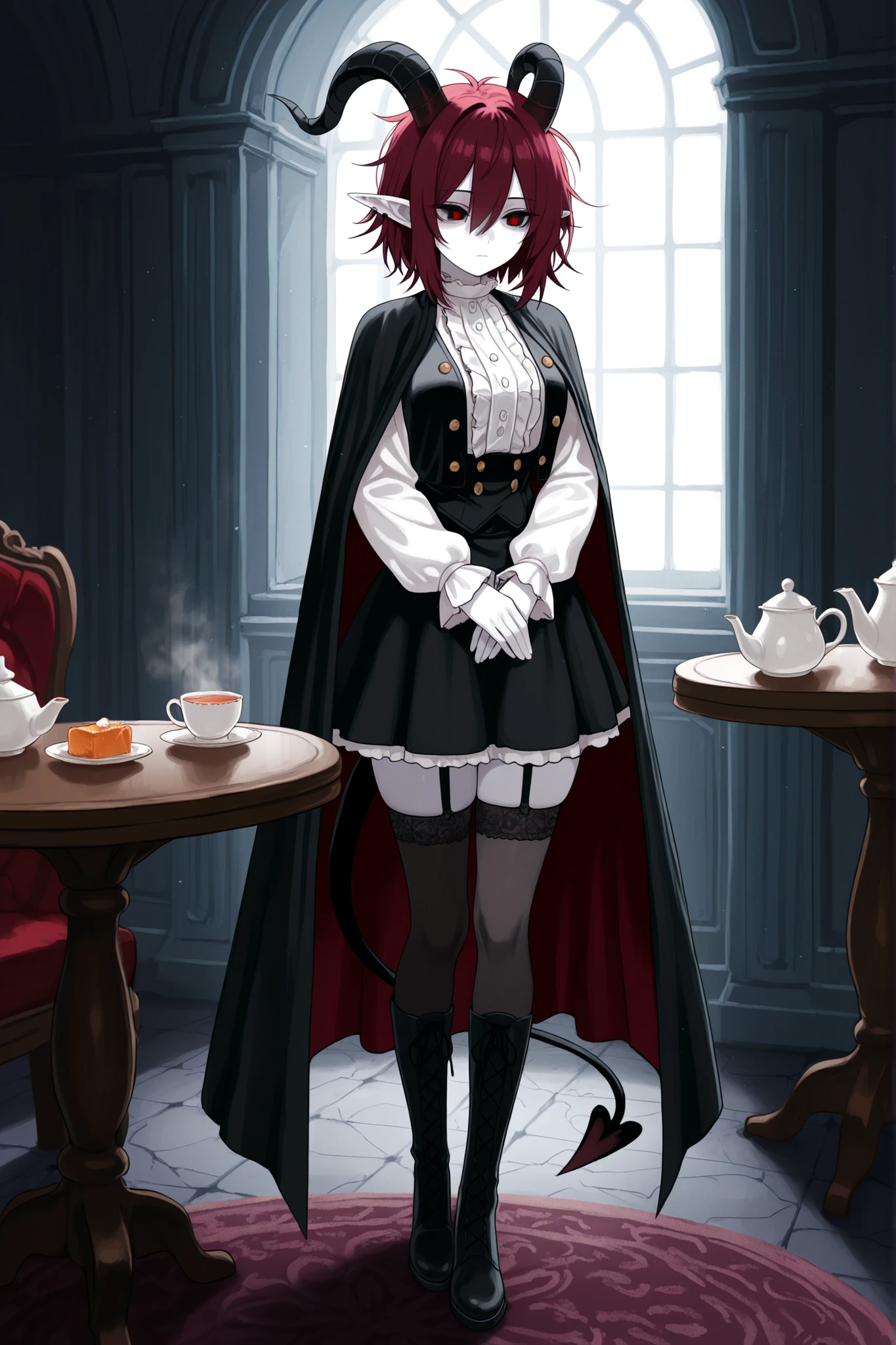 hentamonn,DSP, artist:DSP, mogeko,,masterpiece , best quality , amazing quality , very aesthetic, white skin, pale skin, tall girl, adult, rounded elf ear, red eye, drooping eyes, cold look, white pupil, feline pupil, short hair, slightly messy hair, maroon hair, straight hair, bangs, sharp canines, demon tail, black horns, expressionless face, white ruffled blouse, vest, black skirt, stockings, high boots, cape, serving tea to her mistress, table, chairs, furniture, eyelet and lace-up closure detail, full body shot, background, inside mansion,