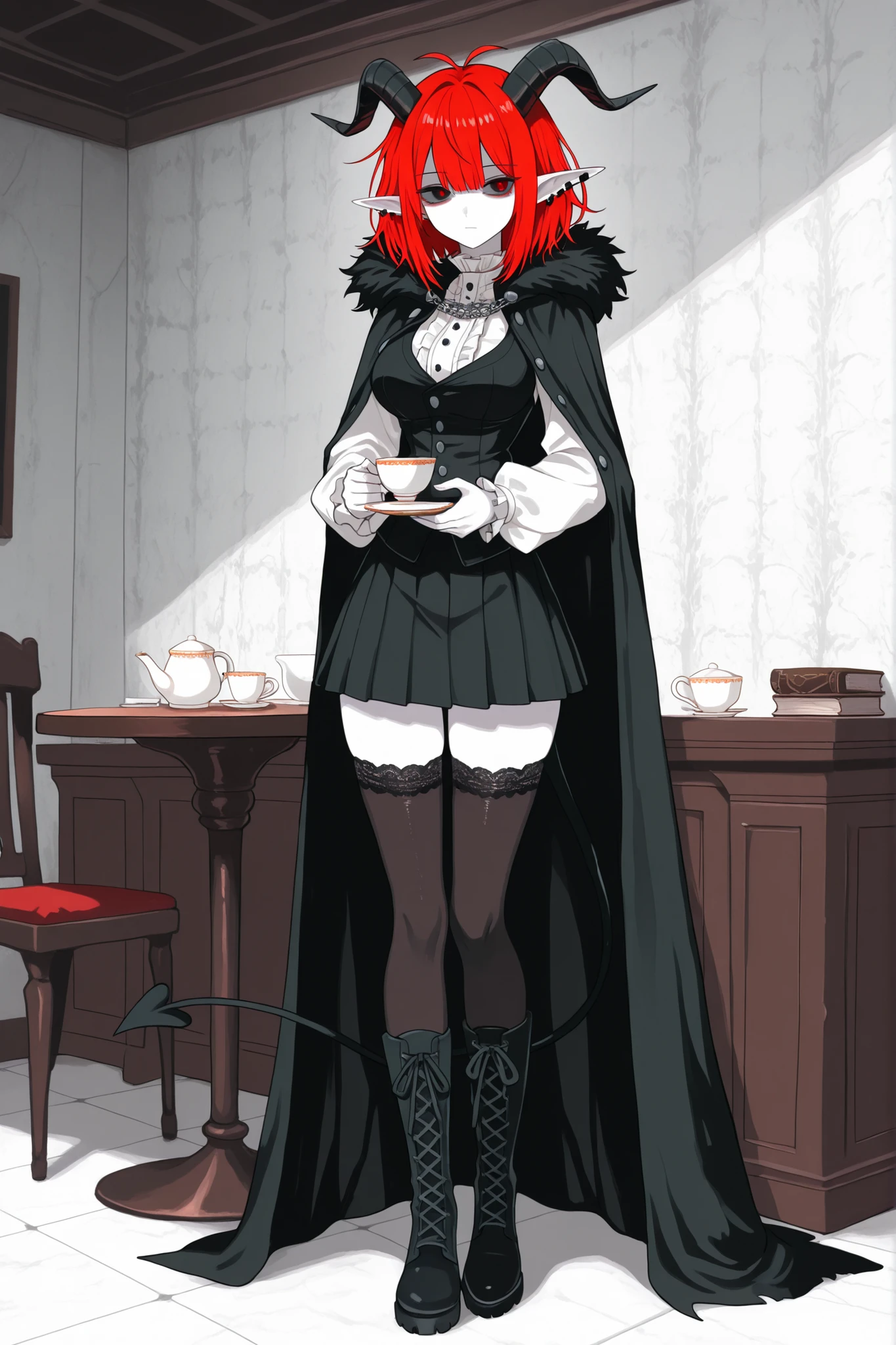 hentamonn,DSP, artist:DSP, mogeko,,masterpiece , best quality , amazing quality , very aesthetic, white skin, pale skin, tall girl, adult, rounded elf ear, red eye, drooping eyes, cold look, white pupil, feline pupil, short hair, slightly messy hair, maroon hair, straight hair, bangs, sharp canines, demon tail, black horns, expressionless face, white ruffled blouse, vest, black skirt, stockings, high boots, cape, serving tea to her mistress, table, chairs, furniture, eyelet and lace-up closure detail, full body shot, background, inside mansion,