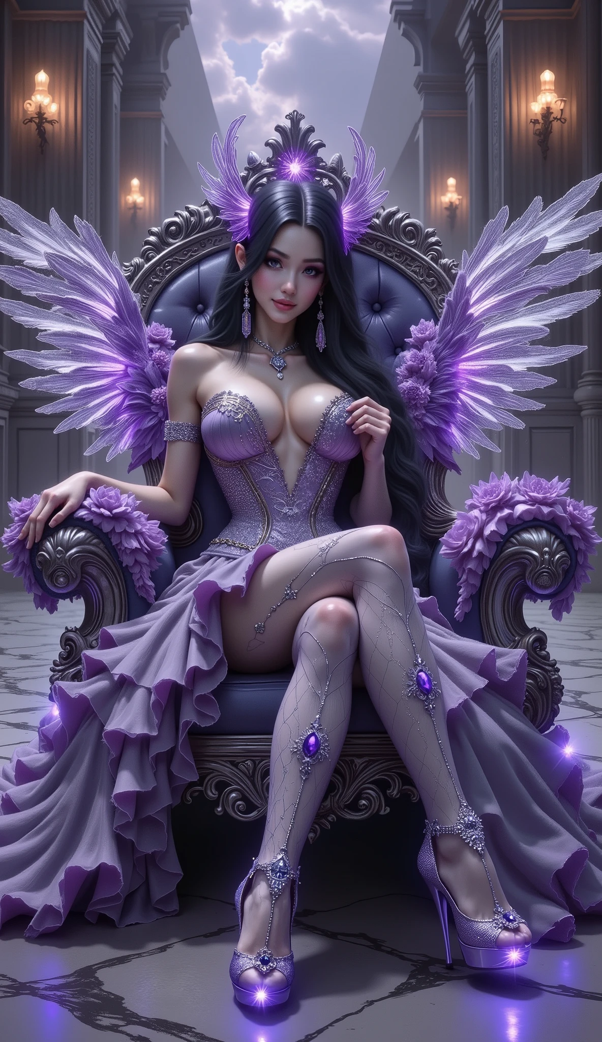👑 1. Silhouette & Pose
- Seated posture: Upright and graceful, conveying confidence and authority.
- Hand placement: Likely resting on the throne’s armrest or lap, suggesting calm control.
- Body orientation: Facing forward, emphasizing her central and commanding presence.

---

👗 2. Outfit & Textures
- Shimmering purple strapless gown: Made of satin or organza-like fabric with a soft glow, reflecting ambient light.
- Corset bodice: Embellished with intricate embroidery, enhancing her regal silhouette.
- Layered skirt: Flowing and voluminous, adding movement and elegance.
- High-heeled shoes: Decorated with glowing purple gemstones, reinforcing the magical theme.

---

💎 3. Accessories & Ornaments
- Hair jewelry: Crystals or metallic accents, possibly shaped like flowers or royal emblems.
- Earrings & necklace: Coordinated in purple and gold tones, adding luxury and refinement.
- Floral ornaments: Placed around the hair or shoulders, offering a soft, feminine touch.

---

🪽 4. Wings
- Material: Appears feathered and semi-transparent, with a radiant glow.
- Color: Gradient from deep violet to light lavender, creating an ethereal effect.
- Structure: Symmetrical and expansive, evoking a divine or celestial presence.

---

💫 5. Expression & Aura
- Facial expression: Serene and dignified, possibly with a subtle, mysterious smile.
- Makeup: Soft yet dramatic—purple eyeshadow, luminous highlights, plum-colored lips.
- Overall aura: She radiates power, elegance, and mysticism.