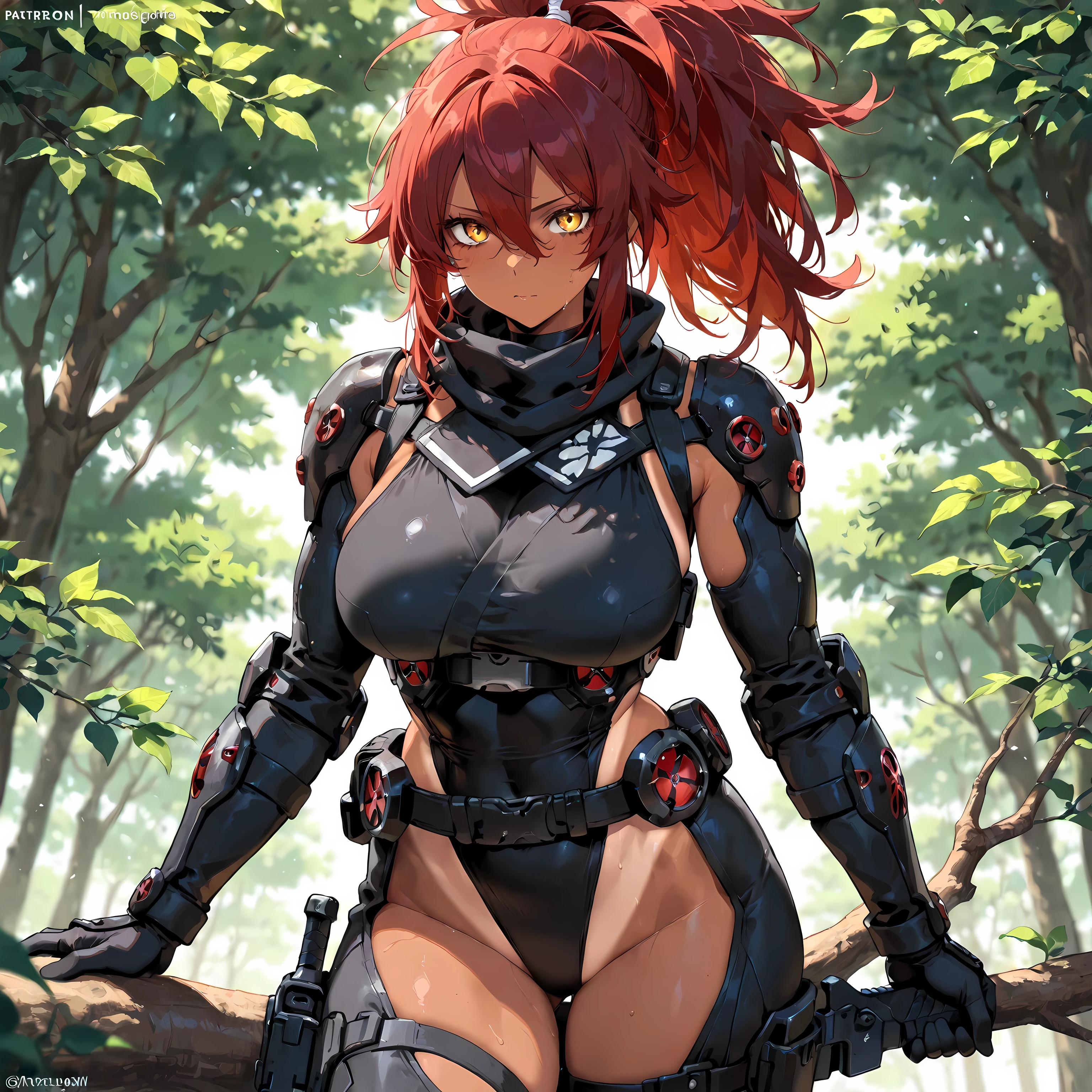 masterpiece, best quality, simple, solo, 1female, adult, female focus, tanned skin, messy dark red hair, sharp yellow eyes, black ninja gear, standing on branch