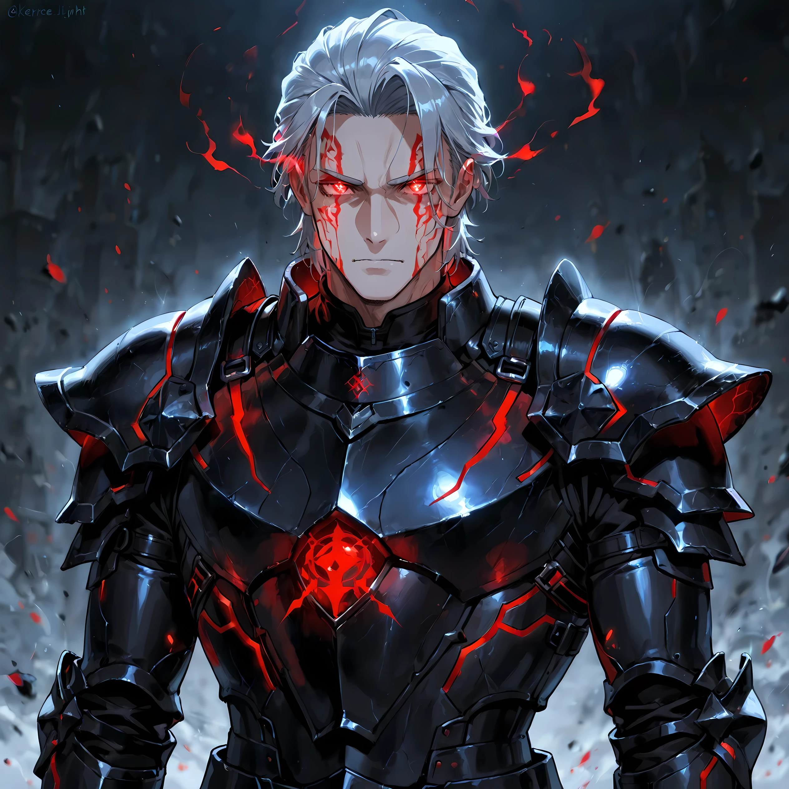 masterpiece, best quality, simple, 1male, adult, male focus, fair skin, slicked silver hair, red glowing eyes, black armor, demonic aura, eerie light