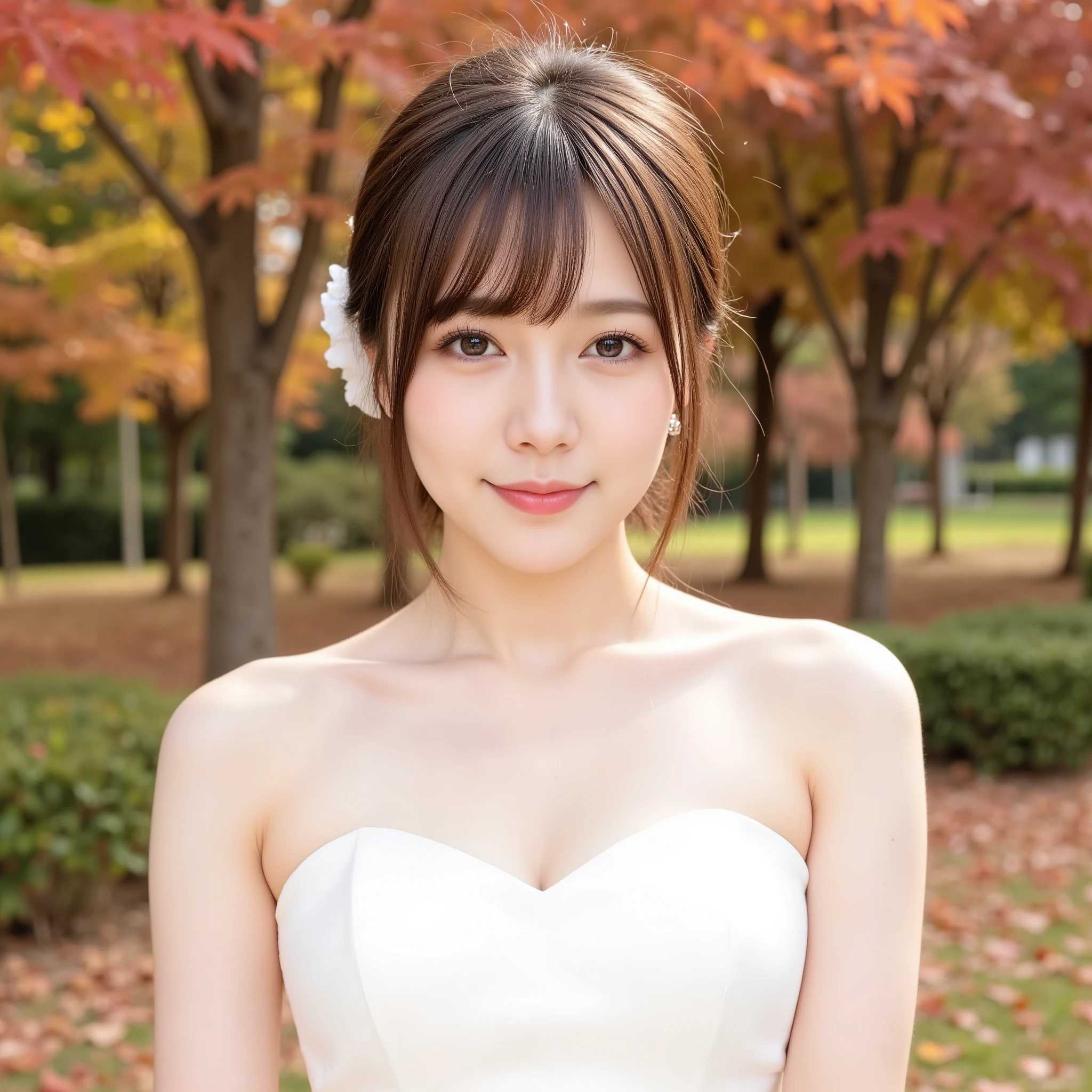 8k, (best quality), (masterpiece), very detailed, high resolution, 8k, (small breasts), thin lips, detailed face, cute Japanese woman, cute 24 year old beauty, beautiful and graceful face, Cute face, natural bangs, arched eyebrows, well-groomed eyebrows, (big eyes with balanced left and right sides), cute eyes, beautiful eyes, beautiful thin nose, beautiful face line, beautiful skin, medium bob hair, natural bangs, Slim face, slim figure, (looking at the camera with a gentle smile), lighting on the face, bright lighting, professional lighting, forward lighting, beautiful legs, smooth skin, (light shining on my face) , (cute smile), (Cute poses), (random poses), ((White wedding dress:1.5)), Princess dress, wedding dress, tiara, necklace, earrings, wedding ring, Autumn leaves, fallen leaves,wedding skirt, ((Autumn leaves, fallen leaves)), ((full body:1.5)), ((Red maple leaves scattered all over the ground)), (a field of maples),