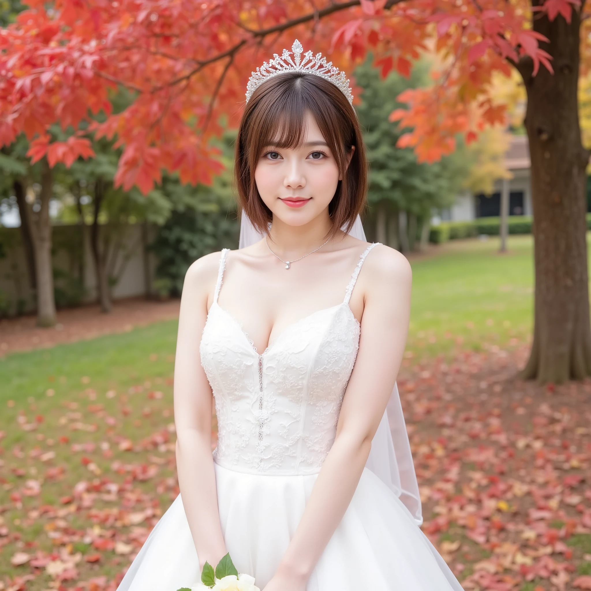 8k, (best quality), (masterpiece), very detailed, high resolution, 8k, (small breasts), thin lips, detailed face, cute Japanese woman, cute 24 year old beauty, beautiful and graceful face, Cute face, natural bangs, arched eyebrows, well-groomed eyebrows, (big eyes with balanced left and right sides), cute eyes, beautiful eyes, beautiful thin nose, beautiful face line, beautiful skin, medium bob hair, natural bangs, Slim face, slim figure, (looking at the camera with a gentle smile), lighting on the face, bright lighting, professional lighting, forward lighting, beautiful legs, smooth skin, (light shining on my face) , (cute smile), ((White wedding dress:1.5)), Princess dress, wedding dress, ((tiara)), necklace, earrings, ((wedding ring)), Autumn leaves, fallen leaves,wedding skirt, ((Autumn leaves, fallen leaves)), ((full body:1.5)), ((Red maple leaves scattered all over the ground)), (a field of maples), ((Sexy standing pose:2)), Holding a bouquet in hand,