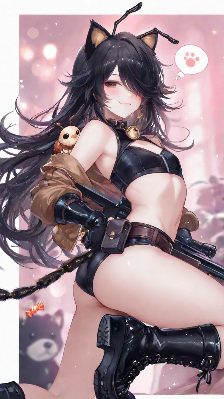 Beautiful woman with brown hair and blue eyes　　Cow horn　　Has an axe　　Long Hair　　Wearing a jacket　Cow print bikini　Large 