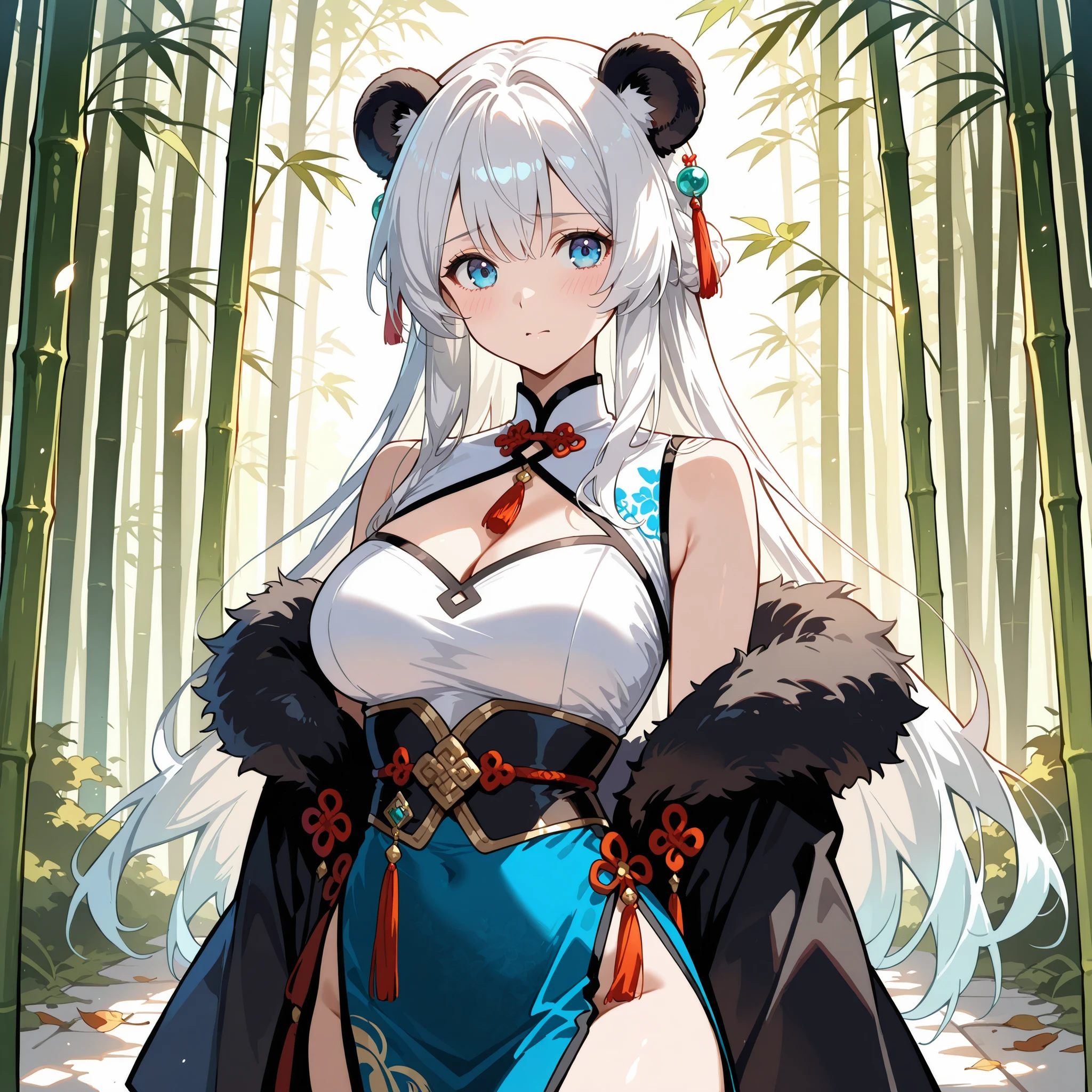 slender semi-human panda woman, Silky white hair, fluffy black panda ears, bright blue eyes, slender figure with generous breasts, wears an elegant black Chinese dress with white edges and delicate ornaments, traditional accessories, shy and sweet expression, walking among a bamboo forest illuminated by sunlight, softly falling leaves, anime style, high quality, masterpiece, natural lighting, soft aesthetics, 4k, ultra detailed.
