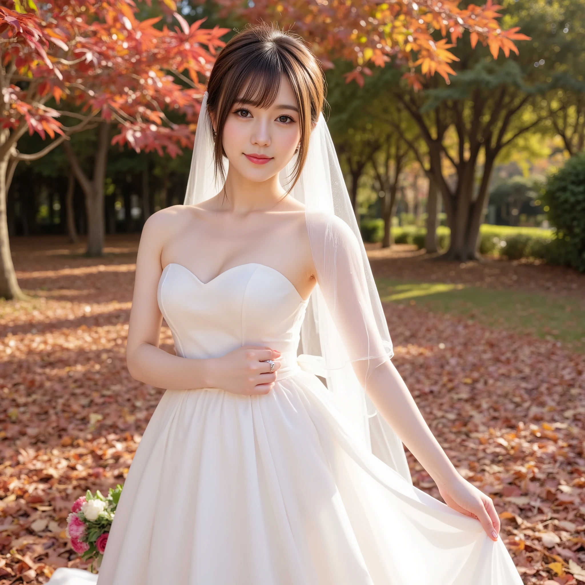 8k, (best quality), (masterpiece), very detailed, high resolution, 8k, (small breasts), thin lips, detailed face, cute Japanese woman, cute 24 year old beauty, beautiful and graceful face, Cute face, natural bangs, arched eyebrows, well-groomed eyebrows, (big eyes with balanced left and right sides), cute eyes, beautiful eyes, beautiful thin nose, beautiful face line, beautiful skin, medium bob hair, natural bangs, Slim face, slim figure, (looking at the camera with a gentle smile), lighting on the face, bright lighting, professional lighting, forward lighting, beautiful legs, smooth skin, (light shining on my face) , (cute smile), ((White wedding dress:1.5)), Princess dress, wedding dress, ((tiara)), necklace, earrings, ((wedding ring)), Autumn leaves, fallen leaves,wedding skirt, ((Autumn leaves, fallen leaves)), ((full body:1.5)), ((Red maple leaves scattered all over the ground)), (a field of maples), ((Sexy standing pose:2)), Holding a bouquet in hand, ((Sideboob)),