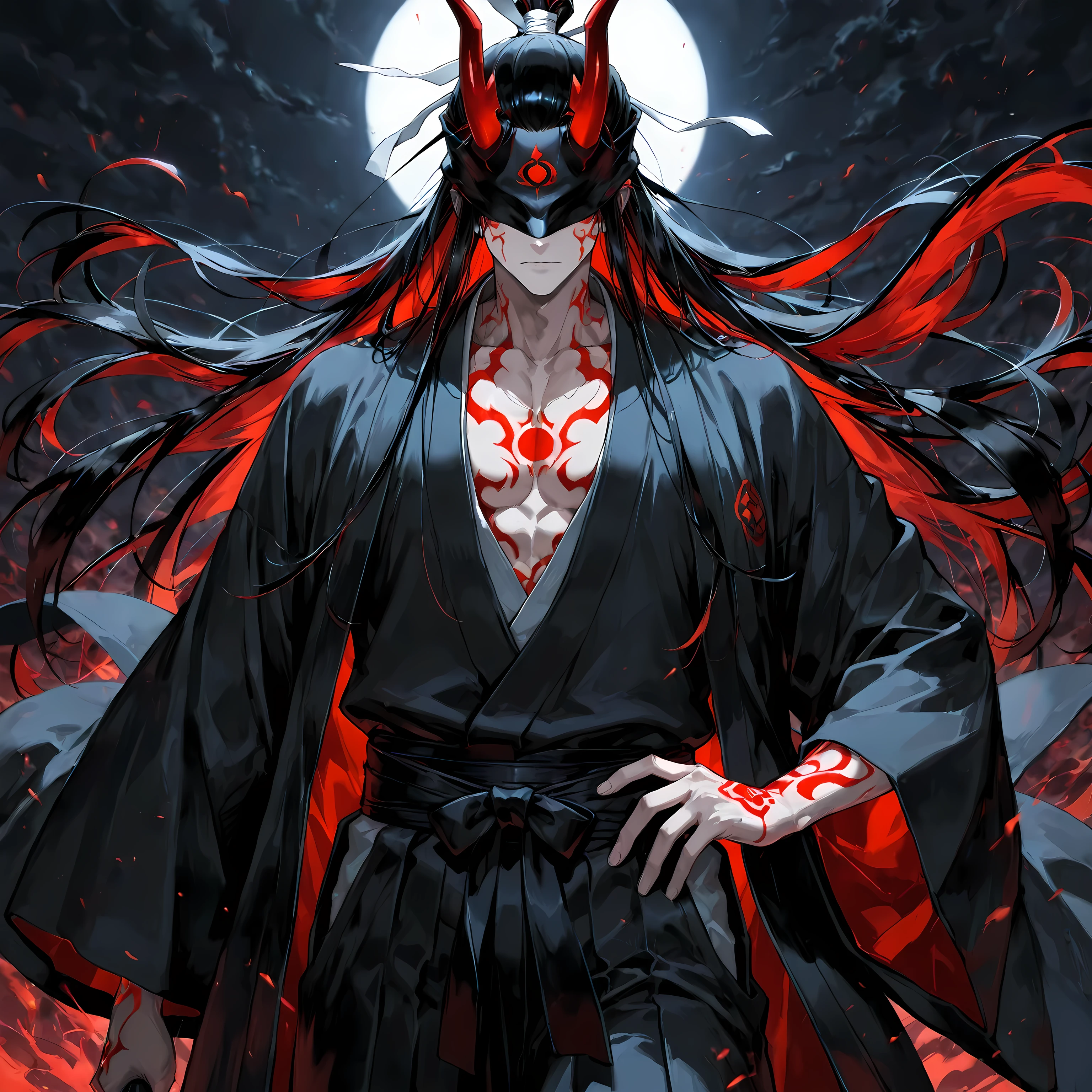 masterpiece, best quality, simple, 1male, 18 Years Old, male focus, fair skin, slick black hair, covered eyes, dark haori, glowing red markings
