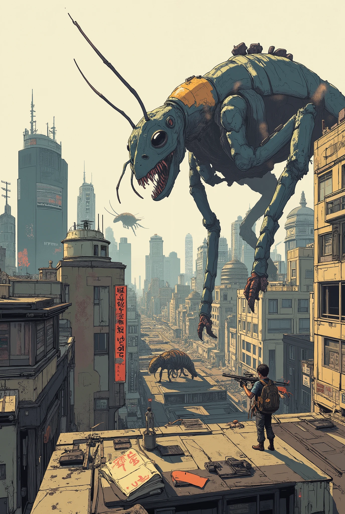 (illustration, masterpiece, best quality, highly detailed, dynamic composition, cinematic lighting),
A dramatic illustration of a Japanese city viewed from a high rooftop perspective, looking down across the urban landscape.
A few gigantic ant-like monsters are crawling on skyscrapers and large buildings below, their massive segmented bodies dominating the streets and rooftops, casting long shadows.
In the foreground, an ordinary Japanese man in casual urban clothing with a backpack stands on the rooftop, holding an assault rifle, tense and alert, facing the unfolding chaos below.
The composition emphasizes scale and depth — towering buildings, sprawling cityscape, and the colossal creatures contrasted with the small human figure above.
Atmospheric haze, subtle dust in the air, dramatic light and shadows, (cinematic tension and perspective), (apocalyptic mood), (wide-angle rooftop view).