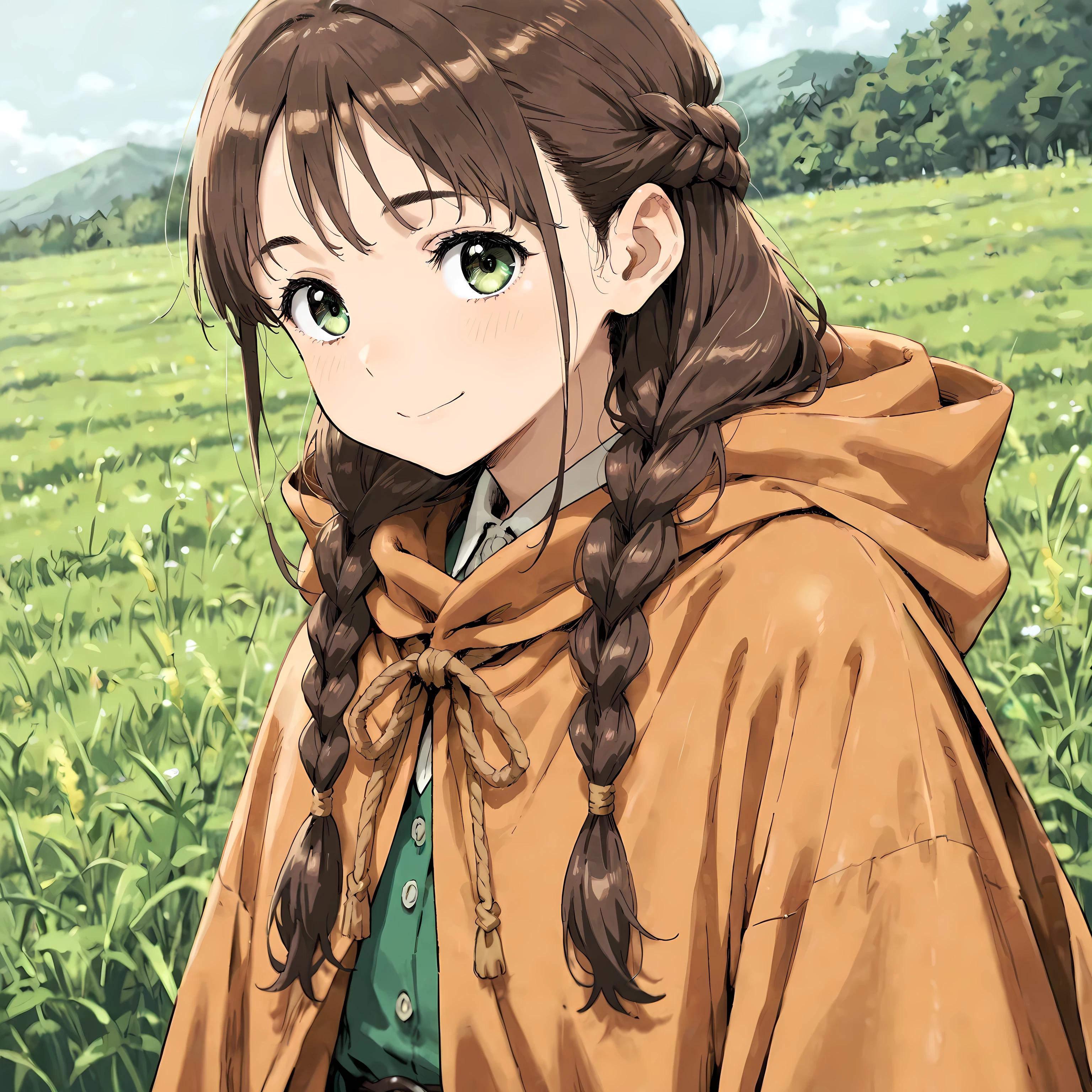 masterpiece, best quality, simple, 1female, young adult, female focus, fair skin, long brown hair, loose braid, gentle green eyes, traveling cloak, smile