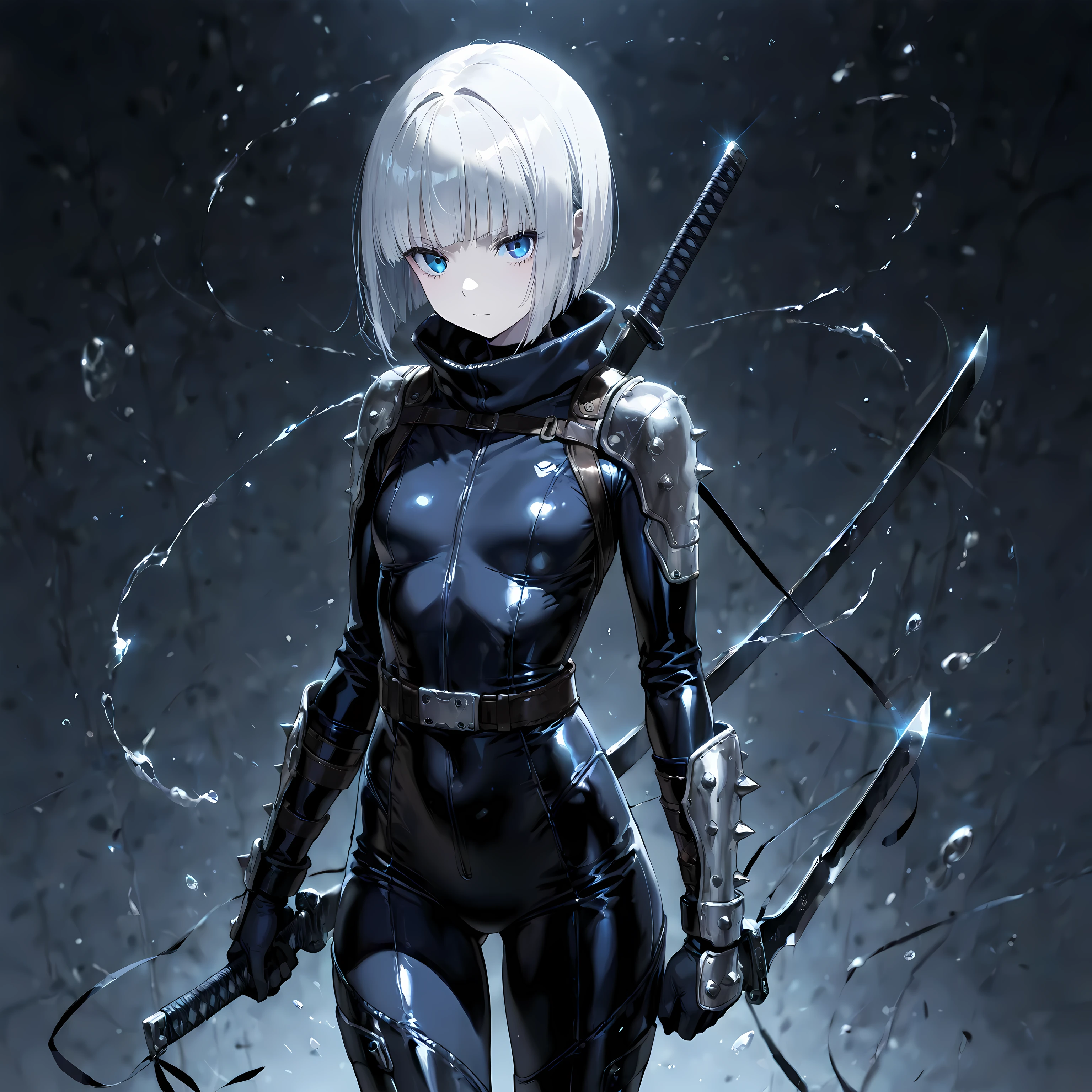 masterpiece, best quality, simple, solo, 1female, young adult, female focus, pale skin, silver bob cut, sharp blue eyes, tight black ninja suit, blades drawn