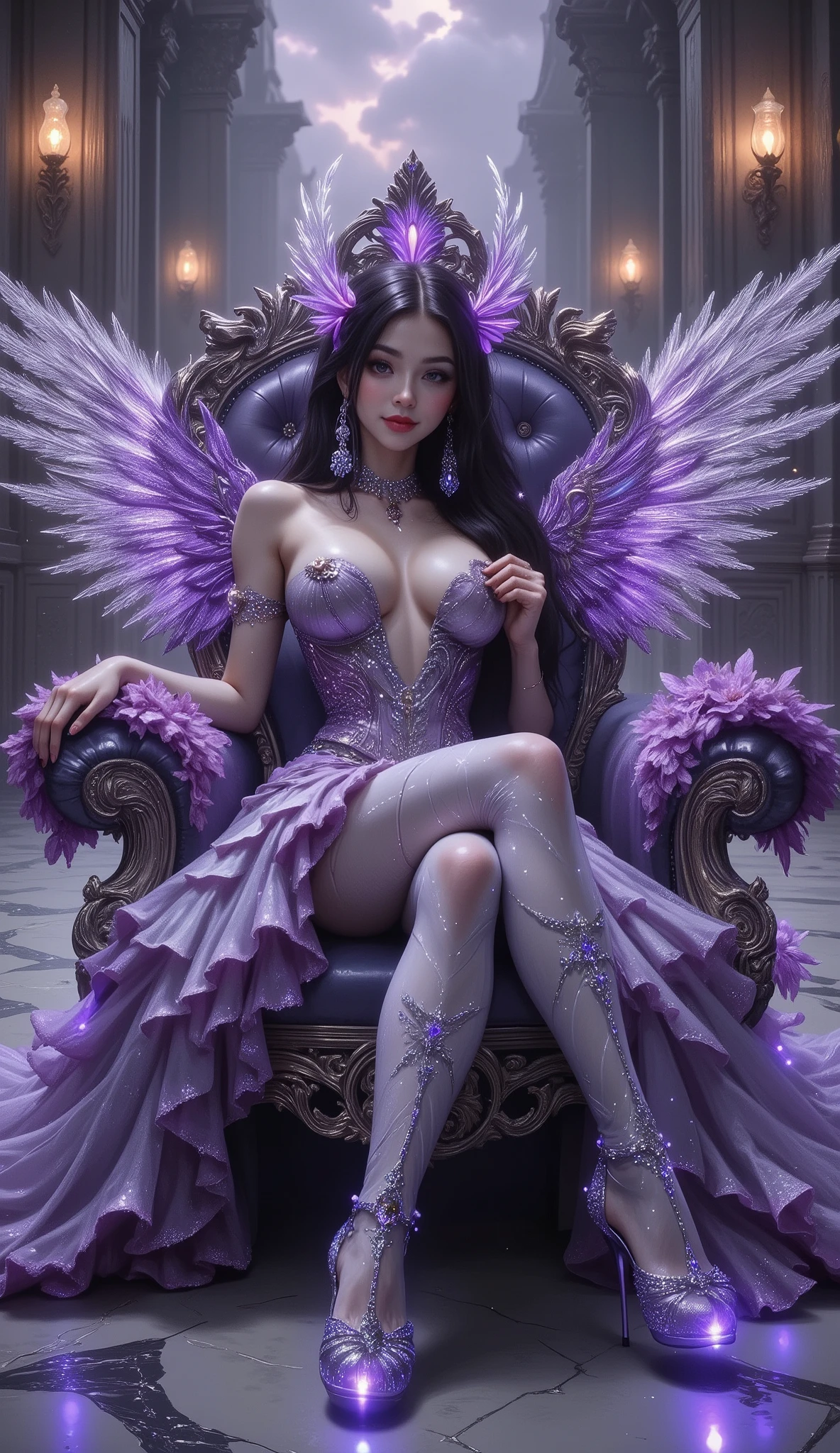 👑 1. Silhouette & Pose
- Seated posture: Upright and graceful, conveying confidence and authority.
- Hand placement: Likely resting on the throne’s armrest or lap, suggesting calm control.
- Body orientation: Facing forward, emphasizing her central and commanding presence.

---

👗 2. Outfit & Textures
- Shimmering purple strapless gown: Made of satin or organza-like fabric with a soft glow, reflecting ambient light.
- Corset bodice: Embellished with intricate embroidery, enhancing her regal silhouette.
- Layered skirt: Flowing and voluminous, adding movement and elegance.
- High-heeled shoes: Decorated with glowing purple gemstones, reinforcing the magical theme.

---

💎 3. Accessories & Ornaments
- Hair jewelry: Crystals or metallic accents, possibly shaped like flowers or royal emblems.
- Earrings & necklace: Coordinated in purple and gold tones, adding luxury and refinement.
- Floral ornaments: Placed around the hair or shoulders, offering a soft, feminine touch.

---

🪽 4. Wings
- Material: Appears feathered and semi-transparent, with a radiant glow.
- Color: Gradient from deep violet to light lavender, creating an ethereal effect.
- Structure: Symmetrical and expansive, evoking a divine or celestial presence.

---

💫 5. Expression & Aura
- Facial expression: Serene and dignified, possibly with a subtle, mysterious smile.
- Makeup: Soft yet dramatic—purple eyeshadow, luminous highlights, plum-colored lips.
- Overall aura: She radiates power, elegance, and mysticism.