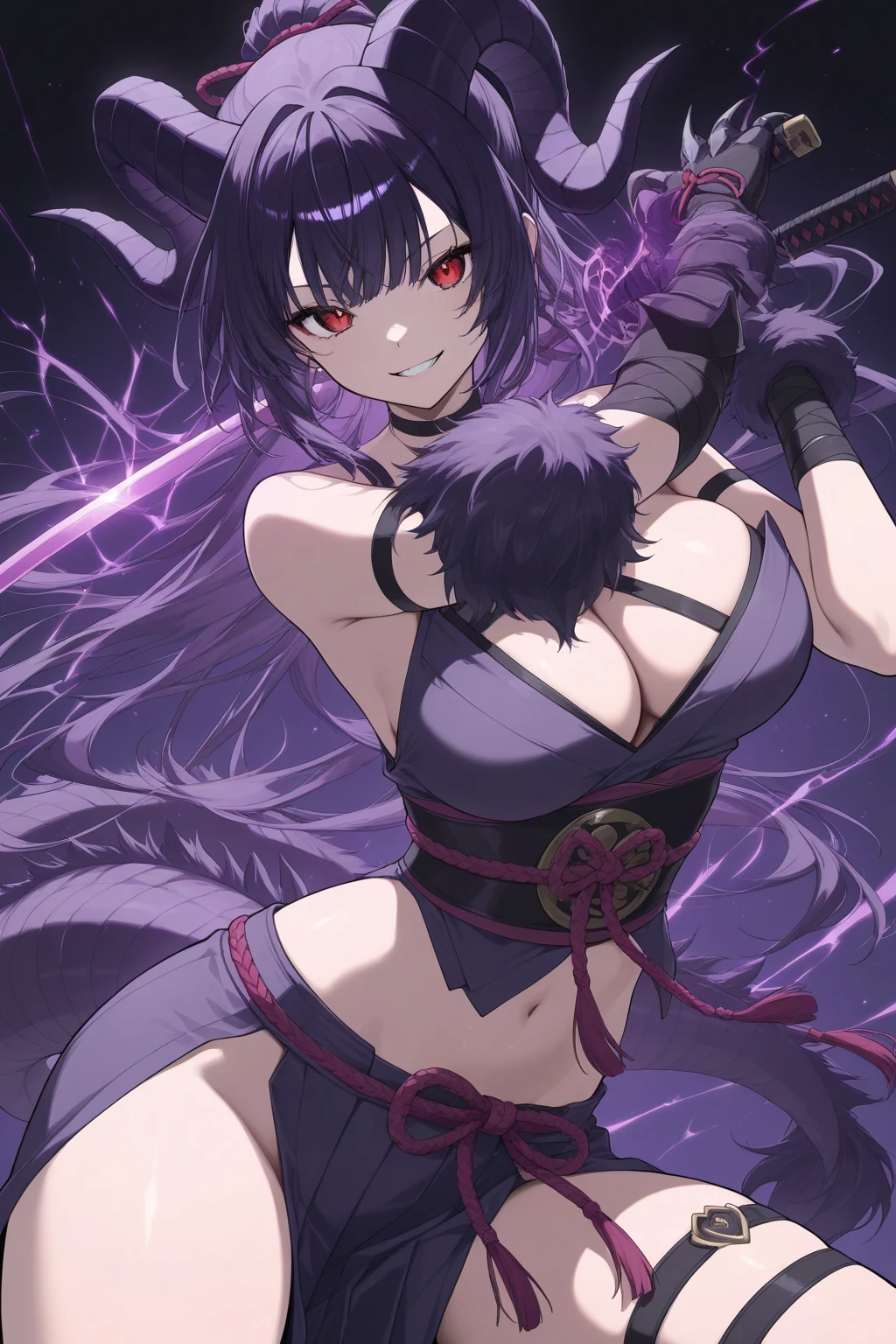 (night:1.7), , , collarbone,choker,black outfit,belly button, Torn_Clothes, Torn_leg wear,Lock,collar, shoulder armor, High leg,boots,Thighhighs, purple_eye,,black_hair,very_length_hair,elbow_gloves, 1 girl, 20 years,mature woman,beautiful Finger,beautiful length legs,beautiful body,beautiful Nose,beautiful character design, perfect eye, perfect face, looking at the viewer, (innocent_big_eye:1.0),laugh at,evil_smile,evil_laugh, view,, collarbone,choker,black outfit,belly button, Torn_Clothes, Torn_leg wear,Lock,collar, shoulder armor, High leg,boots,Thighhighs, purple_eye,,black_hair,very_length_hair,elbow_gloves, 1 girl, 20 years,mature woman,beautiful Finger,beautiful length legs,beautiful body,beautiful Nose,beautiful character design, perfect eye, perfect face, looking at the viewer, (innocent_big_eye:1.0),, ,official art,Highly detailed CG Unity 8K wallpaper, perfect lighting,colorful, bright_front_face_lit, (masterpiece:1.0),(Highest_quality:1.0), 超High resolution,4k,Super detailed, photo shoot, 8K, HDR, High resolution, disorganized:1.2, kodak portrait 400, film grain, blurred background, Bokeh:1.2, Lens flare, (lively_color:1.2) (beautiful,big_chest:1.4), (beautiful_face:1.5),(narrow_waist),official art,Highly detailed CG Unity 8K wallpaper, perfect lighting,colorful, bright_front_face_lit, (masterpiece:1.0),(Highest_quality:1.0), 超High resolution,4k,Super detailed, photo shoot, 8K, HDR, High resolution, disorganized:1.2, kodak portrait 400, film grain, blurred background, Bokeh:1.2, Lens flare, (lively_color:1.2) (beautiful,big_chest:1.4), (beautiful_face:1.5),(narrow_waist),solo,naughty face,crossed legs