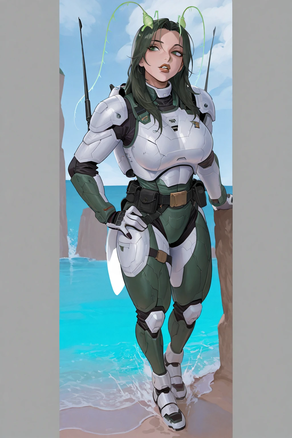  girl whit:"(((soldier girl asking to )), anime girl holds a gun and dark cave, 1girl view, gun, solo, blue eyes, black hair, smile, symmetrical face, perfect body, full body, holding gun, ocean, outdoors, looking at viewer, sky, short hair, random angle, cowboy shot, short body, short mecha-armor, ,  indecent armor, armor skin, random angle, ((ligth green-black armor)), , +18. )"