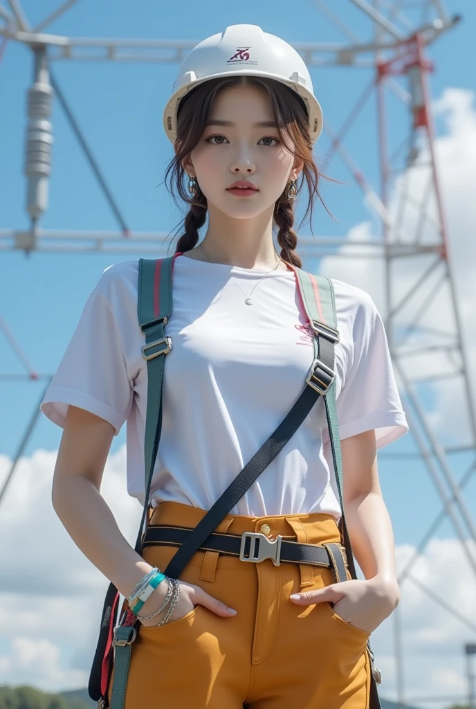 Chica linda como wang yiren, in jurassic park jurassic park with a dinosaur , nice hair and cap