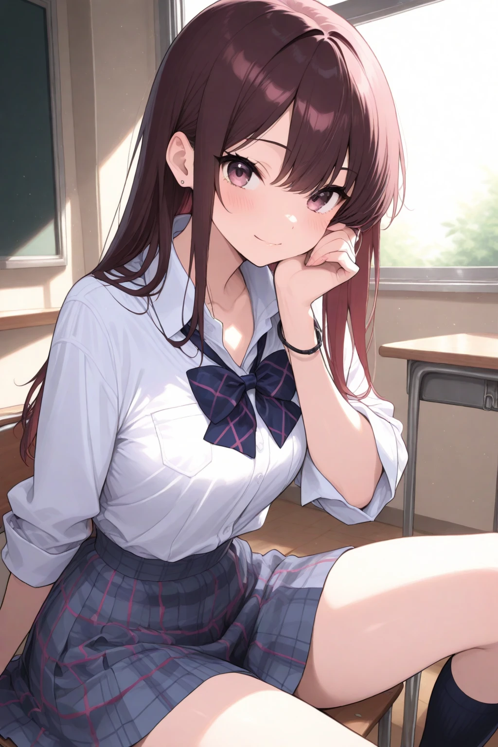 ((table top, highest quality, High resolution, nffsw, perfect pixel, 4k, nffsw, nffsw))), 1 girl, single, alone, beautiful woman、I could see the whole body、 ((short wavy hair, bangs, brown hair)), ((brown eyes, beautiful eyelashes, realistic eyes)), ((detailed face, blush:1.2)), ((smooth texture:0.75, realistic texture:0.65, realistic:1.1, Anime CG style)), ??????????????, dynamic angle, perfect body, ((school uniform,  white shirt, black skirt, unbuttoned shirt、plaid skirt、not wearing shoes、white socks)), classroom without people、sit at desk、..、evening、、、Very embarrassing panic smile、(lift the skirt with your right hand、open your ????????? your knees wide、pink floral lace panties)、、(pink lace bra)、angle from below