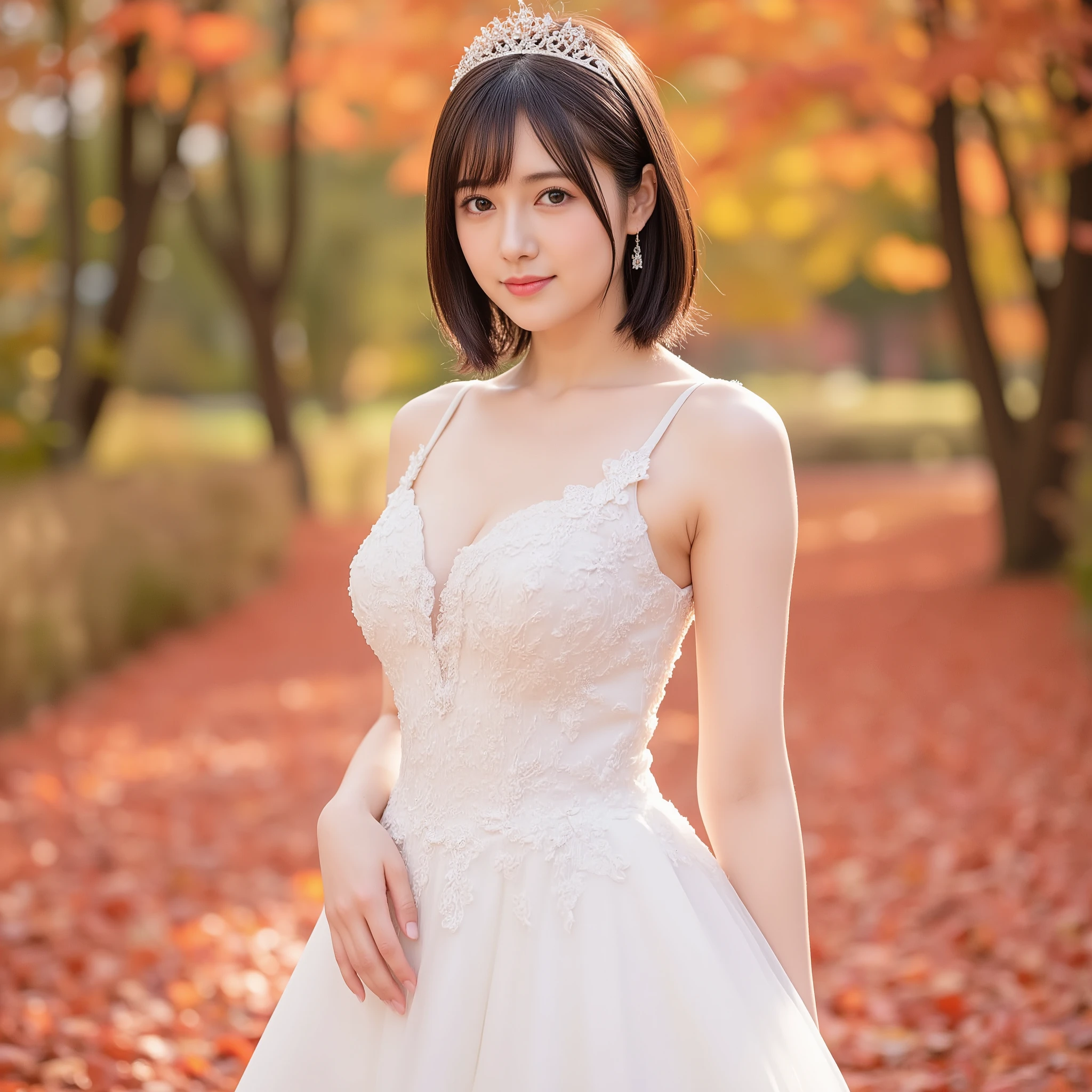 8k, (best quality), (masterpiece), very detailed, high resolution, 8k, (small breasts), thin lips, detailed face, cute Japanese woman, cute 24 year old beauty, beautiful and graceful face, Cute face, natural bangs, arched eyebrows, well-groomed eyebrows, (big eyes with balanced left and right sides), cute eyes, beautiful eyes, beautiful thin nose, beautiful face line, beautiful skin, medium bob hair, natural bangs, Slim face, slim figure, (looking at the camera with a gentle smile), lighting on the face, bright lighting, professional lighting, forward lighting, beautiful legs, smooth skin, (light shining on my face) , (cute smile), ((White sexy dress:1.5)), sexy dress, ((tiara)), necklace, earrings, ( ring), Autumn leaves, fallen leaves,wedding skirt, ((Autumn leaves, fallen leaves)), ((full body:1.5)), ((Red maple leaves scattered all over the ground)), (a field of maples), ((Sexy standing pose:2)),
