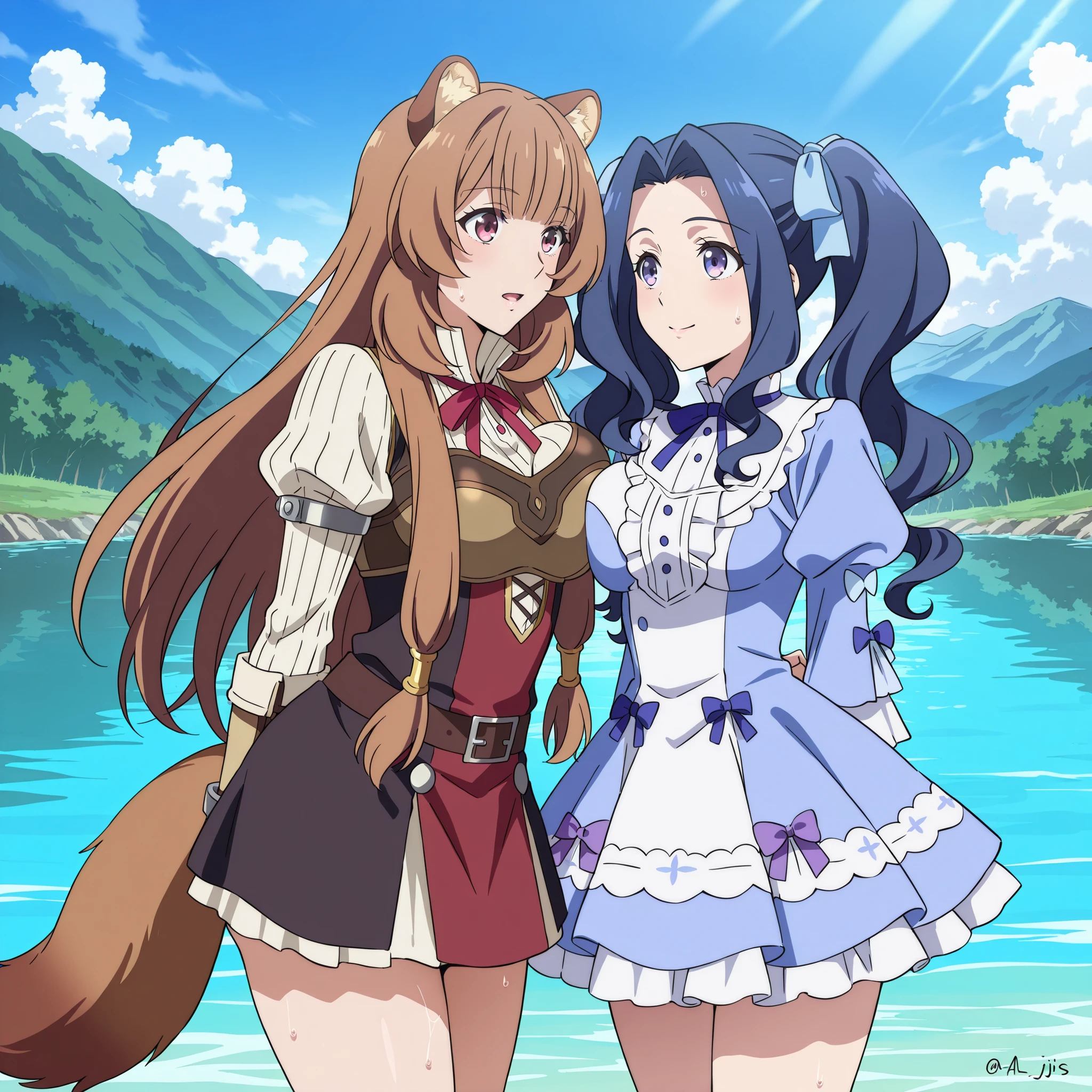 Tateyuu, Big breasted Melty), raphtalia, yuri, side by side selfi together, anime style,  thighs, big breasts press, , Background a beautiful lake., al aire libre, (rustic bikinis by Ojas de Palmeras)) score_9, score_8_above, score_7_above, masterpiece, the best quality, extremely high resolution black utility vest, 4k, very aesthetic, wet bodies. moist and realistic skin. . sweaty bodies.  blue lighting. melty has very big breasts.