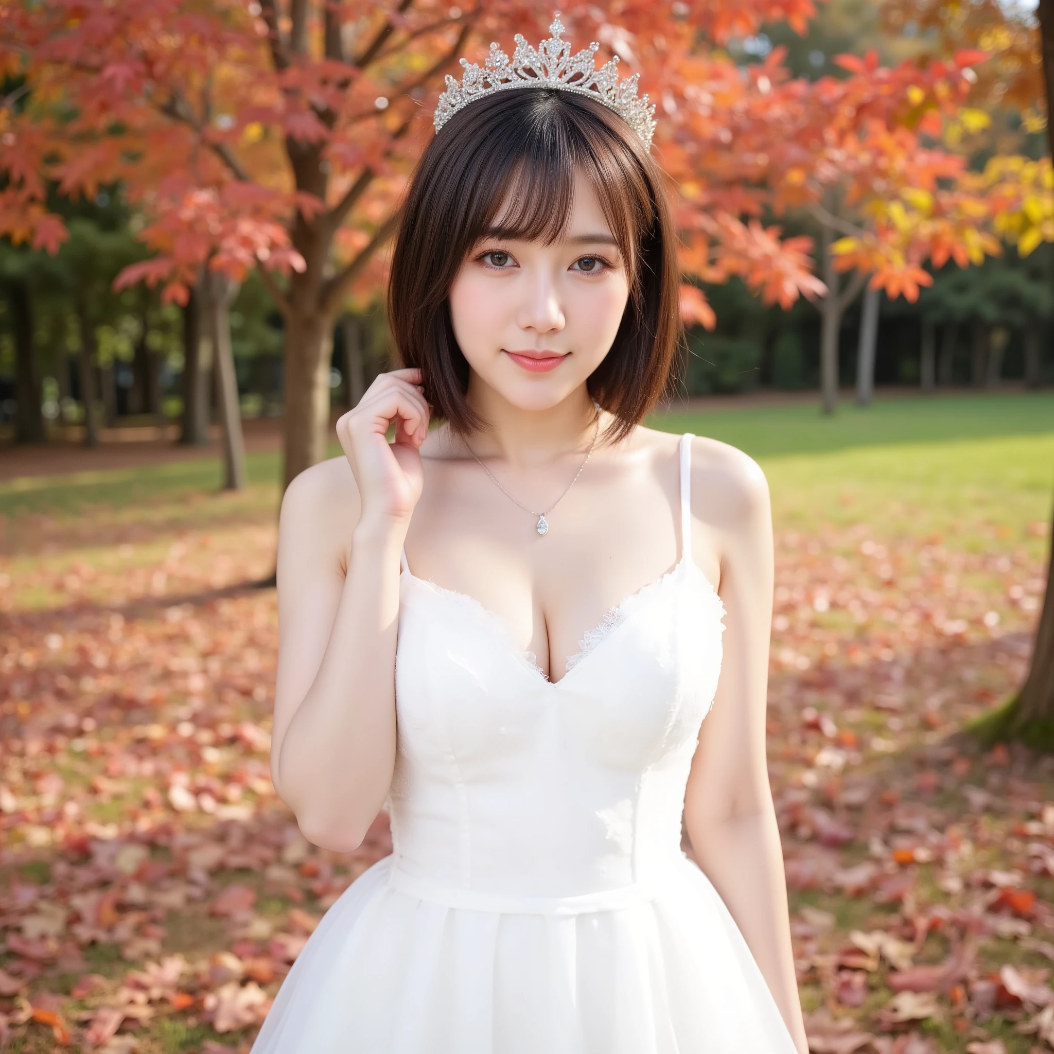 8k, (best quality), (masterpiece), very detailed, high resolution, 8k, (small breasts), thin lips, detailed face, cute Japanese woman, cute 24 year old beauty, beautiful and graceful face, Cute face, natural bangs, arched eyebrows, well-groomed eyebrows, (big eyes with balanced left and right sides), cute eyes, beautiful eyes, beautiful thin nose, beautiful face line, beautiful skin, medium bob hair, natural bangs, Slim face, slim figure, (looking at the camera with a gentle smile), lighting on the face, bright lighting, professional lighting, forward lighting, beautiful legs, smooth skin, (light shining on my face) , (cute smile), ((White sexy dress:1.5)), sexy dress, ((tiara)), necklace, earrings, ( ring), Autumn leaves, fallen leaves,wedding skirt, ((Autumn leaves, fallen leaves)), ((full body:1.5)), ((Red maple leaves scattered all over the ground)), (a field of maples), ((Sexy standing pose:2)),