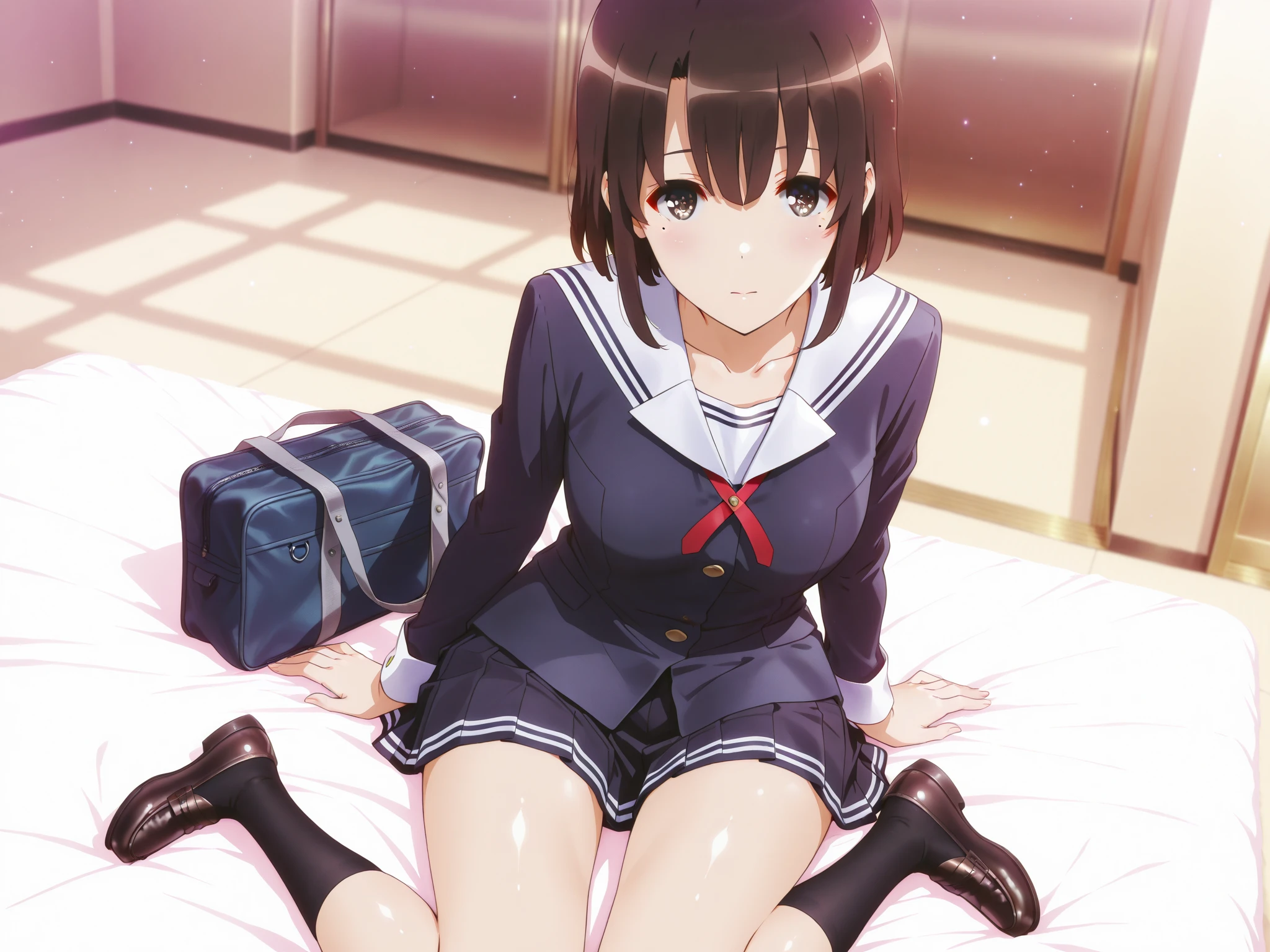 1girl in,Sitting,From above,Looking at Viewer,Tomomi_Xijing, bow ribbon, Short hair, ,red uniform,Winter clothes,Long sleeves,skirt,((tucking up a skirt)),(Skirt lift),(up skirt),(()),Perfect Lighting,Best Quality,,Smile,blush,anime screen cap,Flat color,cel shading,short torso,Show off ,pantyshot,