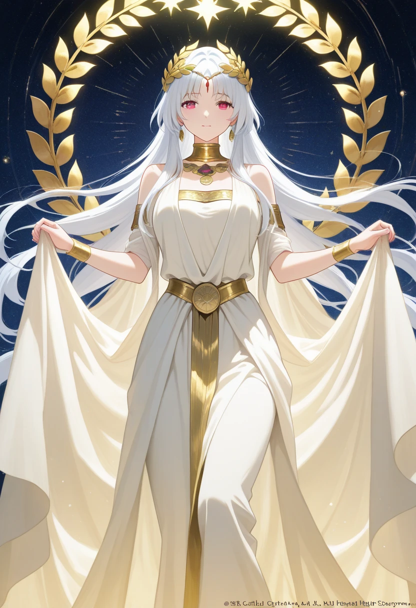 (masterpiece, best quality), 1girl, mature female, long white hair, white clothes,  shoulder, greek clothes, golden eyes, big eyes, light smile, tall figure, divine, godlike, goddess, immortal, cowboy shot, detailed background, heaven palace, outdoor, godrays, sunbeams,