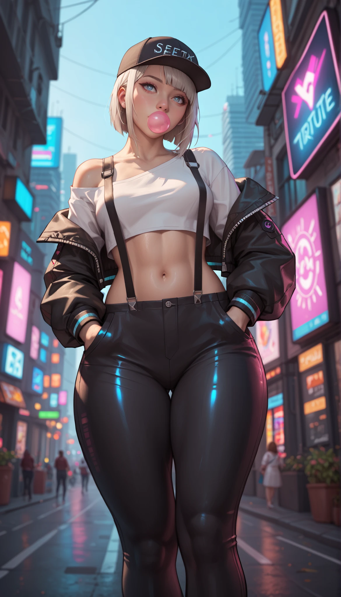 (1elf girl), (beauty elf girl), ((ultra-high picture quality)), masterpieces, She's dressed in a trendy techwear outfit, perhaps a stylish jacket and jeans, with comfortable sneakers. She stands casually in a city park, with the sun casting long shadows as it sets behind the character. The warm, fading sunlight bathes the scene in hues of orange and purple, creating a tranquil ambiance. Capture the silhouette of the character against the backdrop of the dimming sky, highlighting the subtle details of the surrounding landscape as it transitions from day to night. She carries the confident air of someone who's both strong and agile. perfect body, overalls, light smile, fresh, (asymmetrical bangs:1.3), TopKnot hair, short hair, highly detailed face and eyes, Perfect lips, (white blonde hair, Deep Blue Eyes:1.2), cyberpunk, sci-fi, (tech wear is pinky colour), digital art, Aesthetic, Backlighting, by Yusuke Murata.