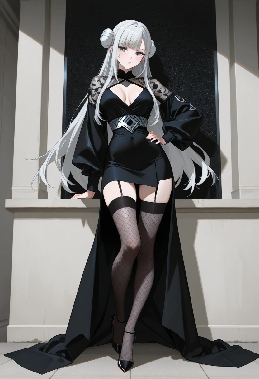 Girl, 20 years old, with long white hair down to below her waist, a serious yet tender expression, and red eyes. Her hair features black streaks. She wears antique-style clothing, a long black dress with a slit on the legs, and high black boots that almost reach her knees. Her power and background are related to shadows and darkness. dark escense, figth stance